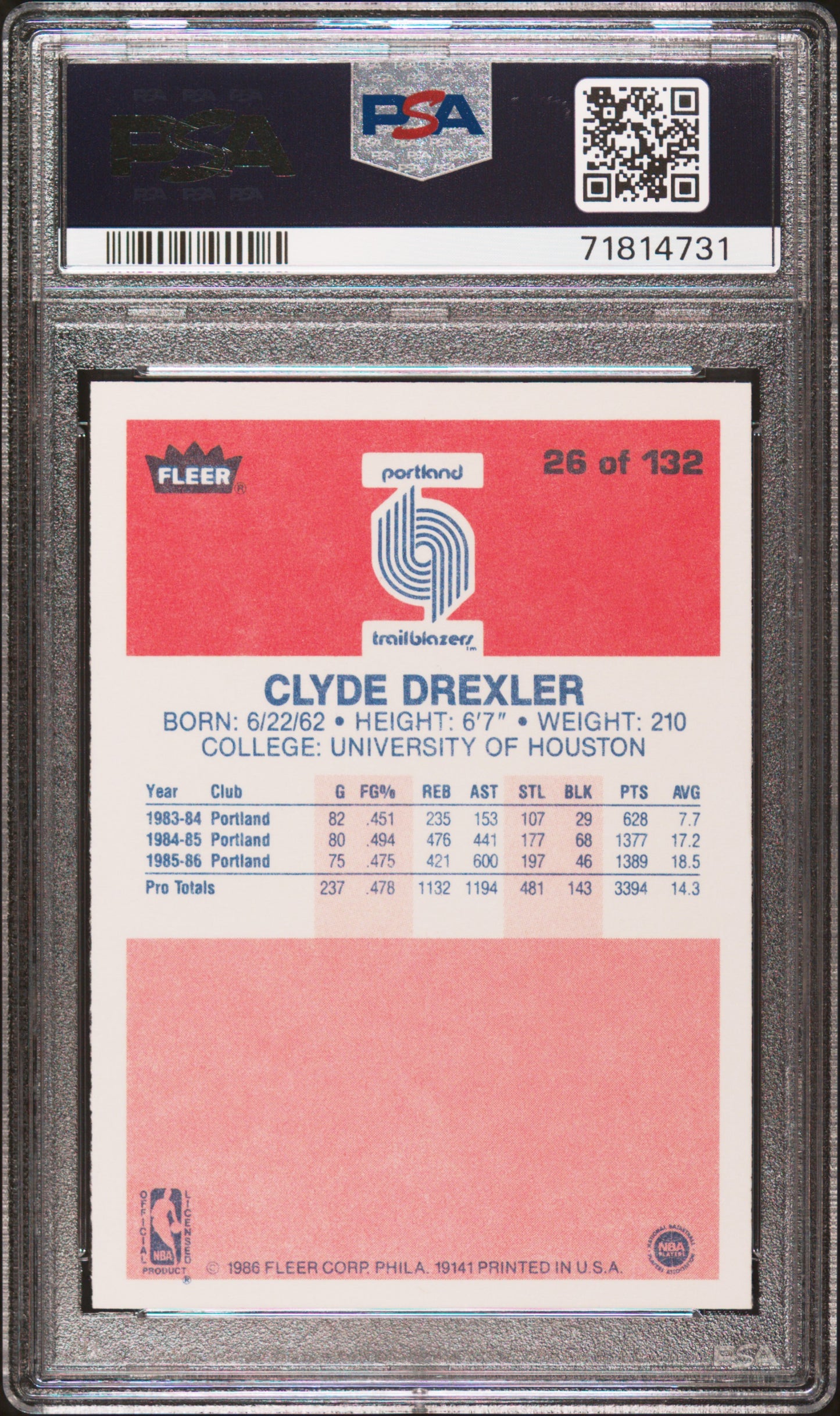 1986 Fleer Clyde Drexler #26 PSA 10