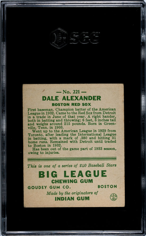 1933 Goudey Dale Alexander #221 SGC 3
