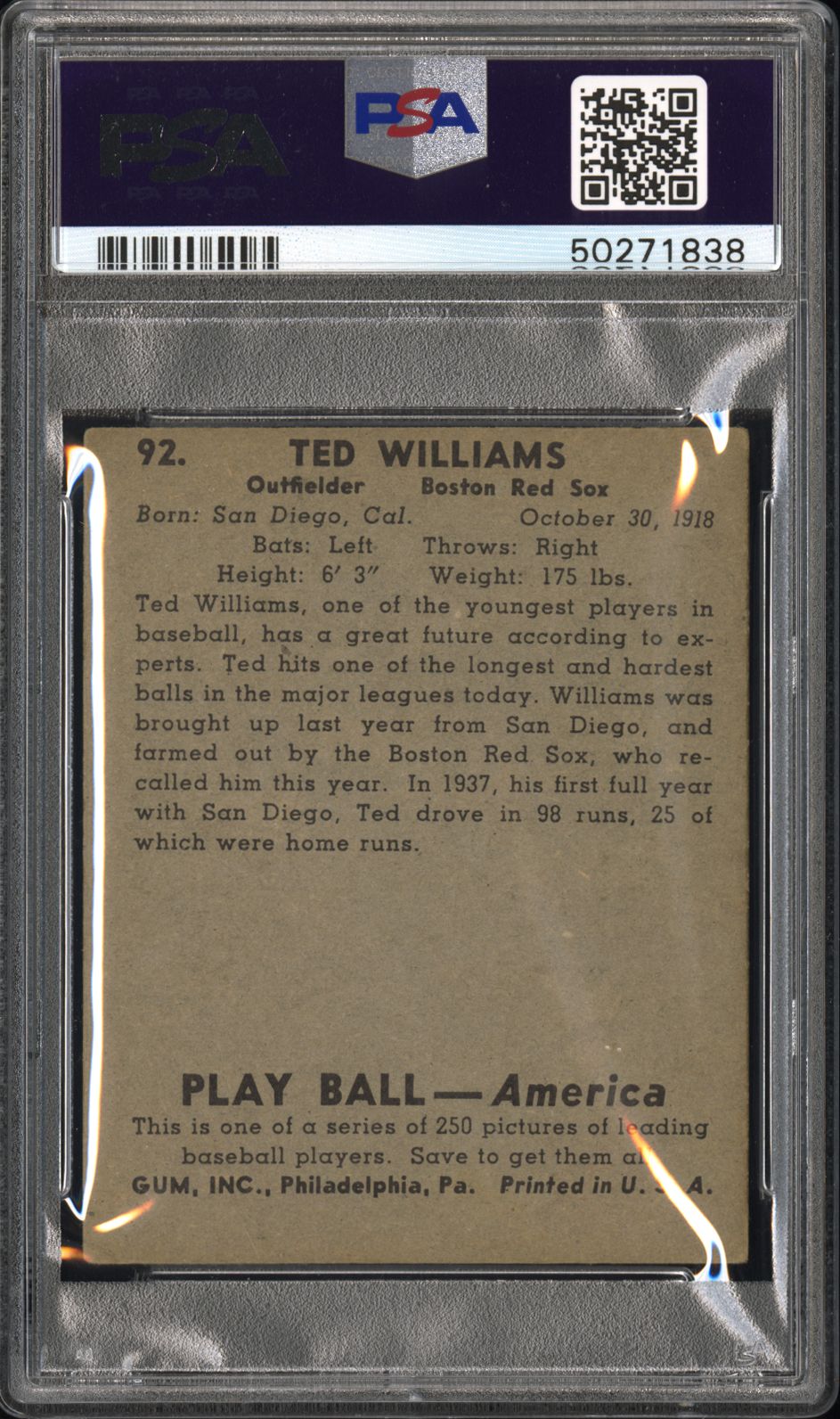 1939 Play Ball Ted Williams #92 PSA 3