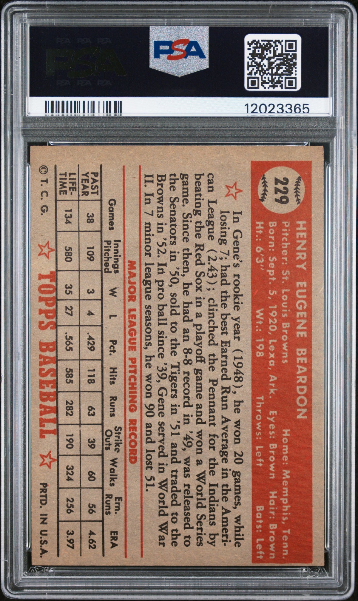 1952 Topps Gene Beardon #229 PSA 7