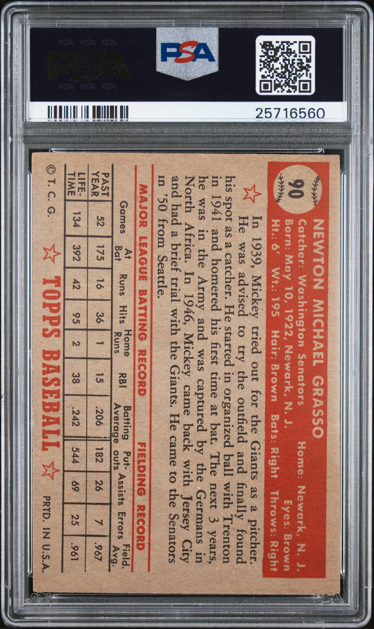 1952 Topps Mickey Grasso #90 PSA 7