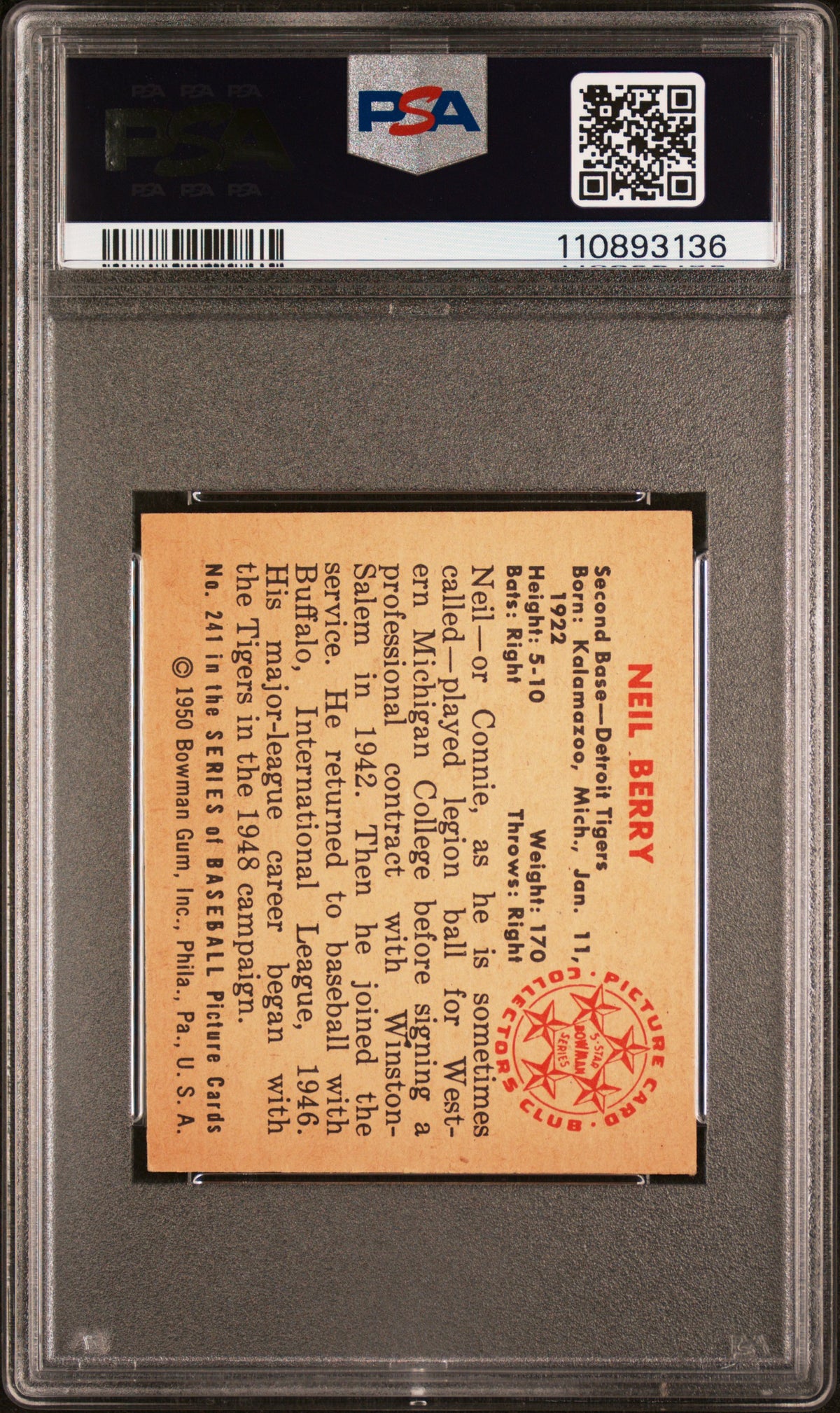 1950 Bowman Neil Berry #241 PSA 7
