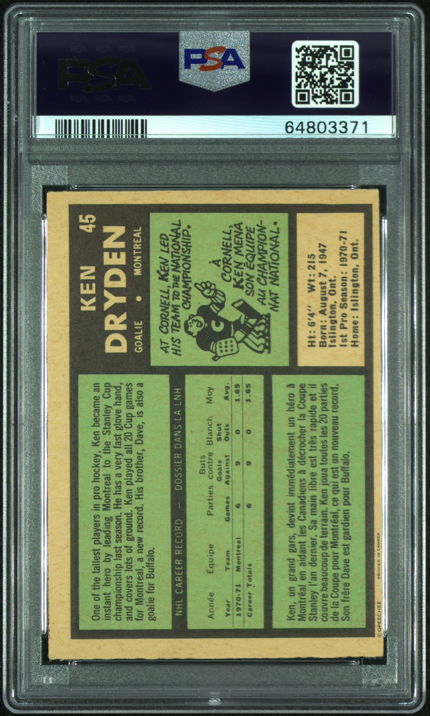 1971 O-Pee-Chee Ken Dryden #45 PSA 6