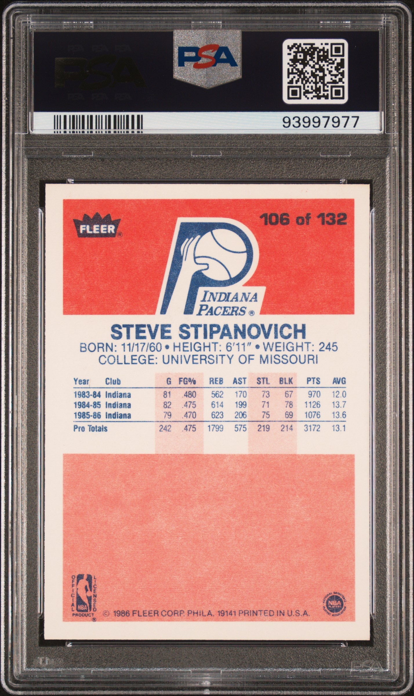 1986 Fleer Steve Stipanovich #106 PSA 9