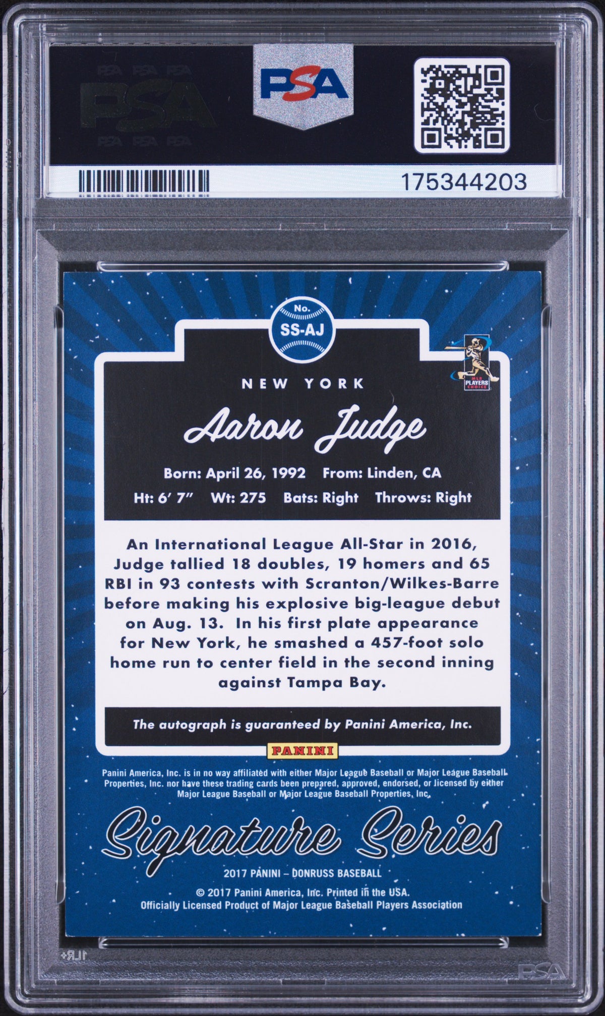 2017 Panini Donruss Signature Series Aaron Judge #SS-AJ Blue PSA 7 /199 Auto 10
