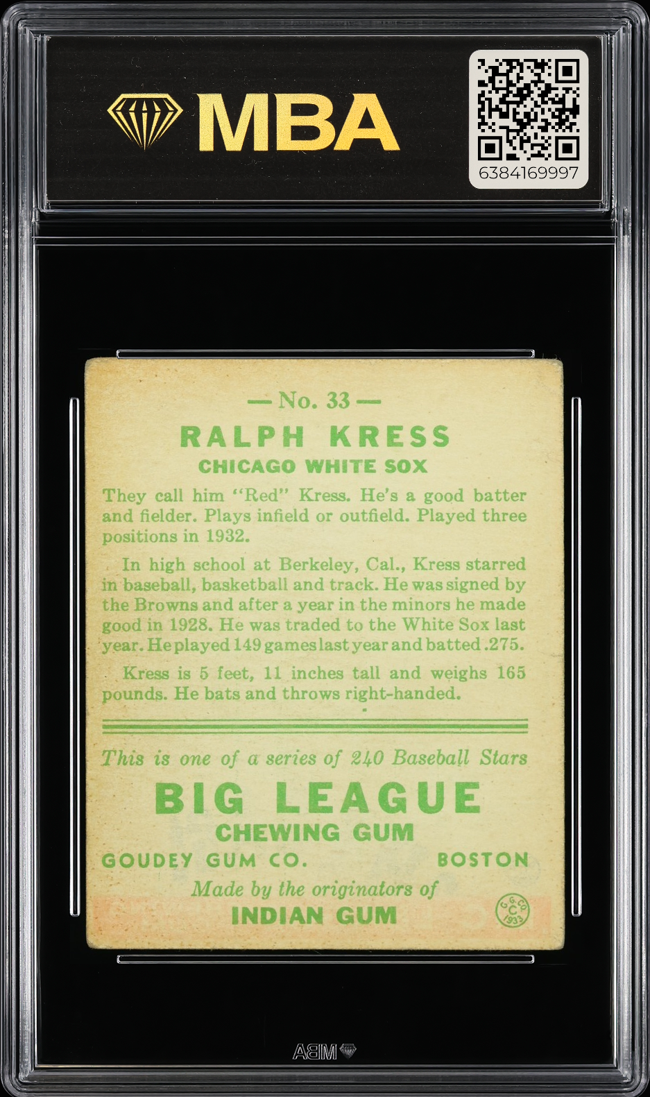 1933 Goudey Ralph Kress #33 MBA 3