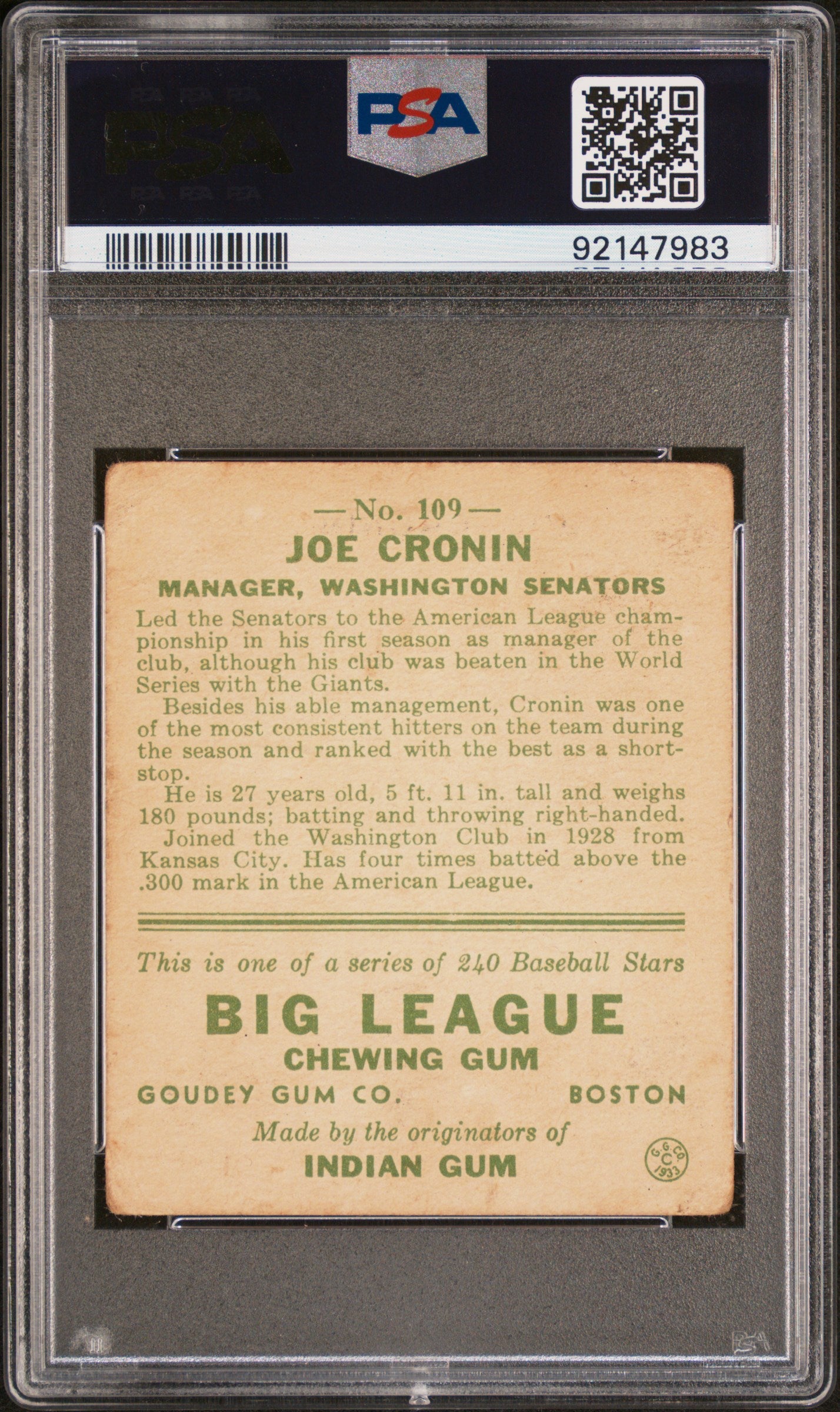1933 Goudey Joe Cronin #109 PSA 1.5