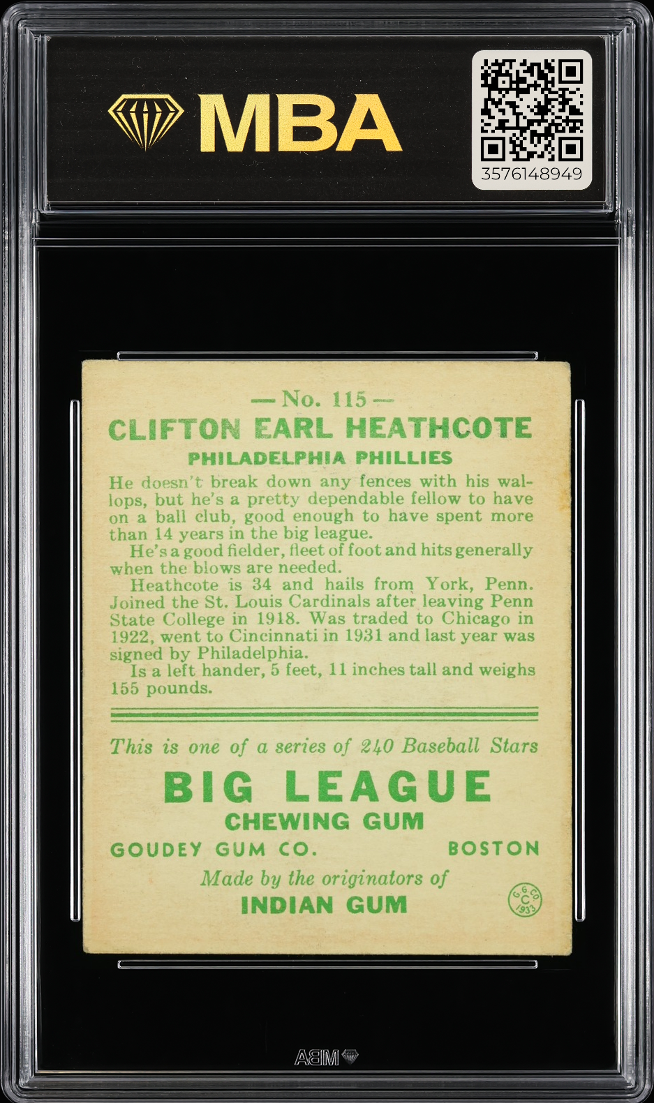 1933 Goudey Clifton Earl Heathcote #115 MBA 4