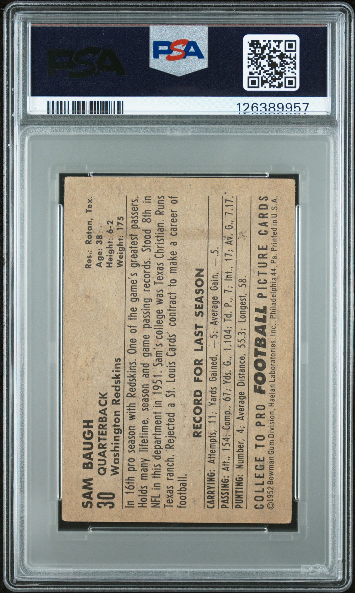 1952 Bowman Small Sammy Baugh #30 PSA 2