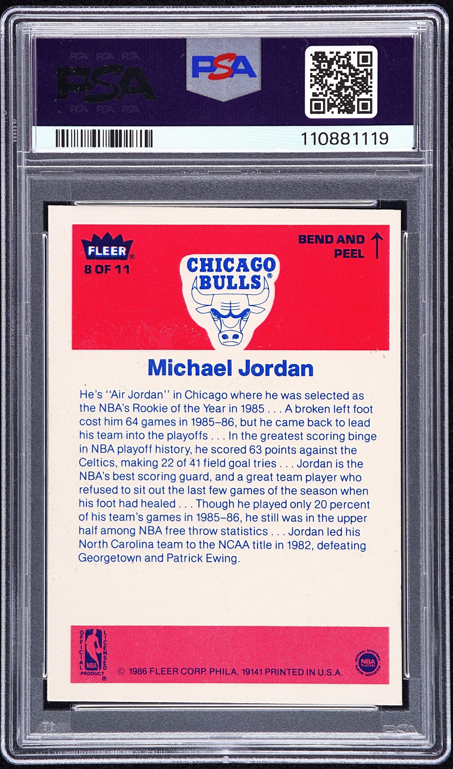 1986 Fleer Sticker Michael Jordan #8 PSA 4 Auto 7