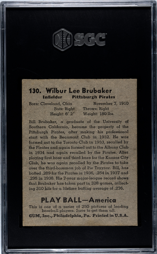 1939 Playball Bill Brubaker #130 SGC 5.5