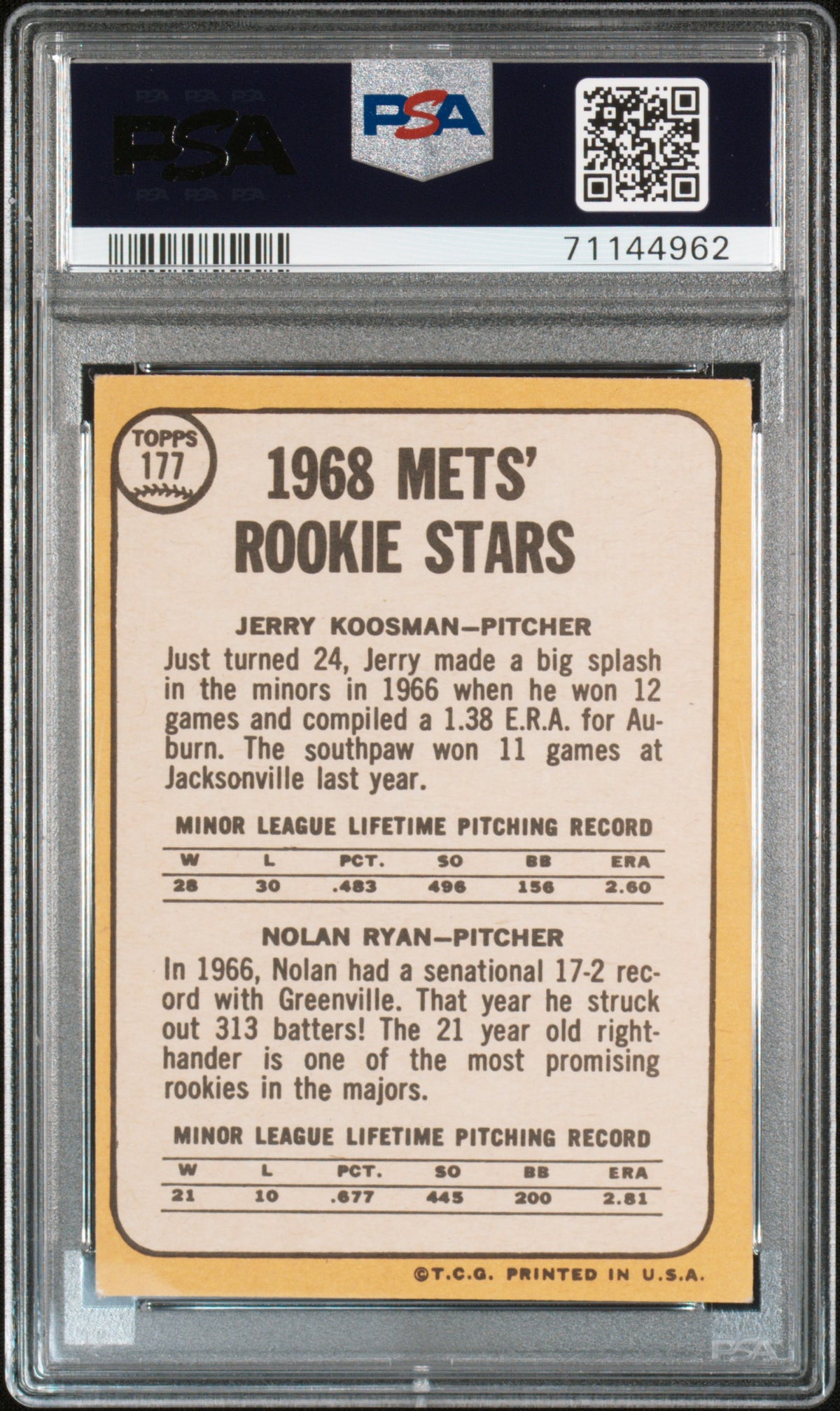 1968 Topps Mets Rookies #177 J. Koosman N. Ryan PSA 5