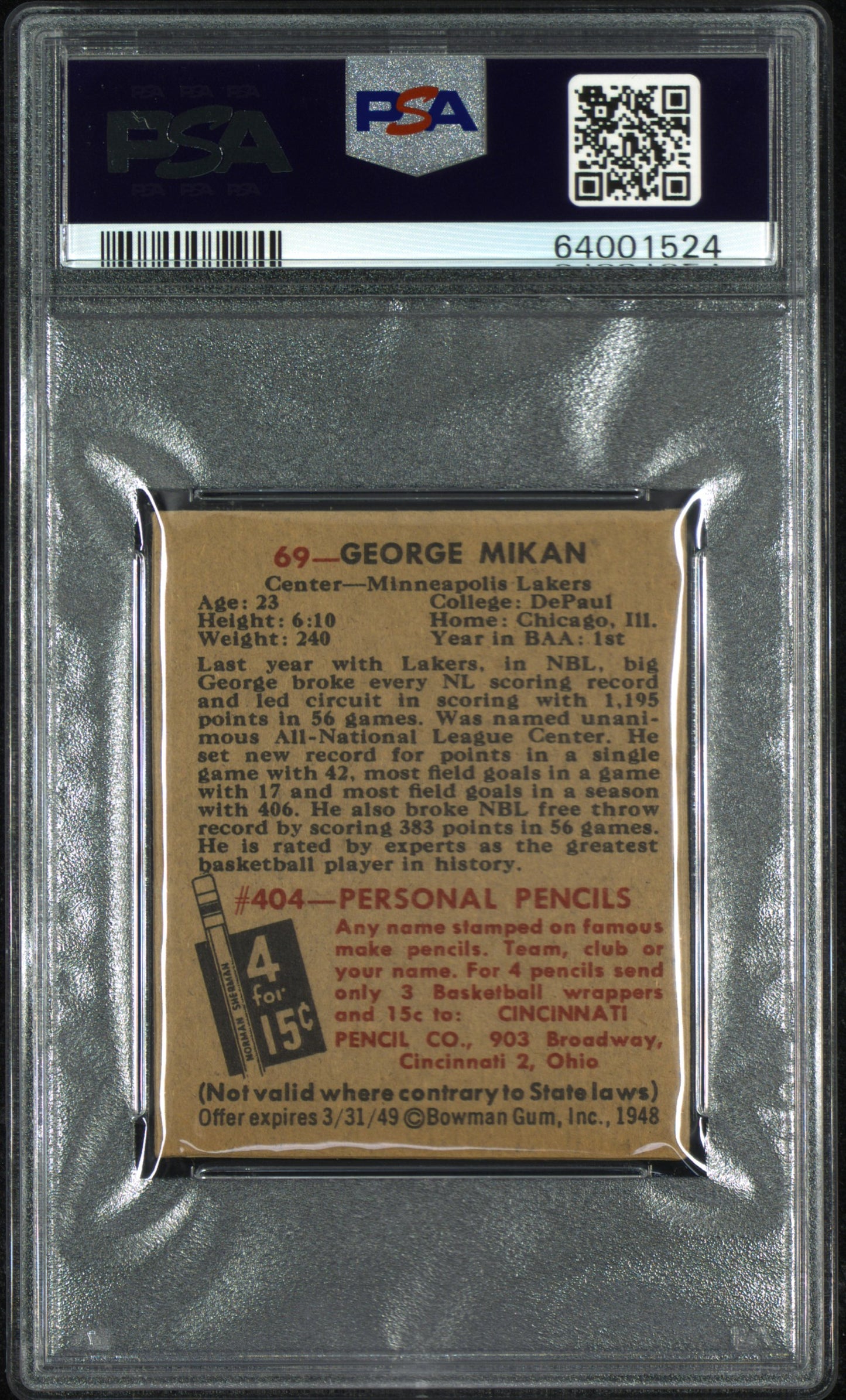 1948 Bowman George Mikan #69 PSA A