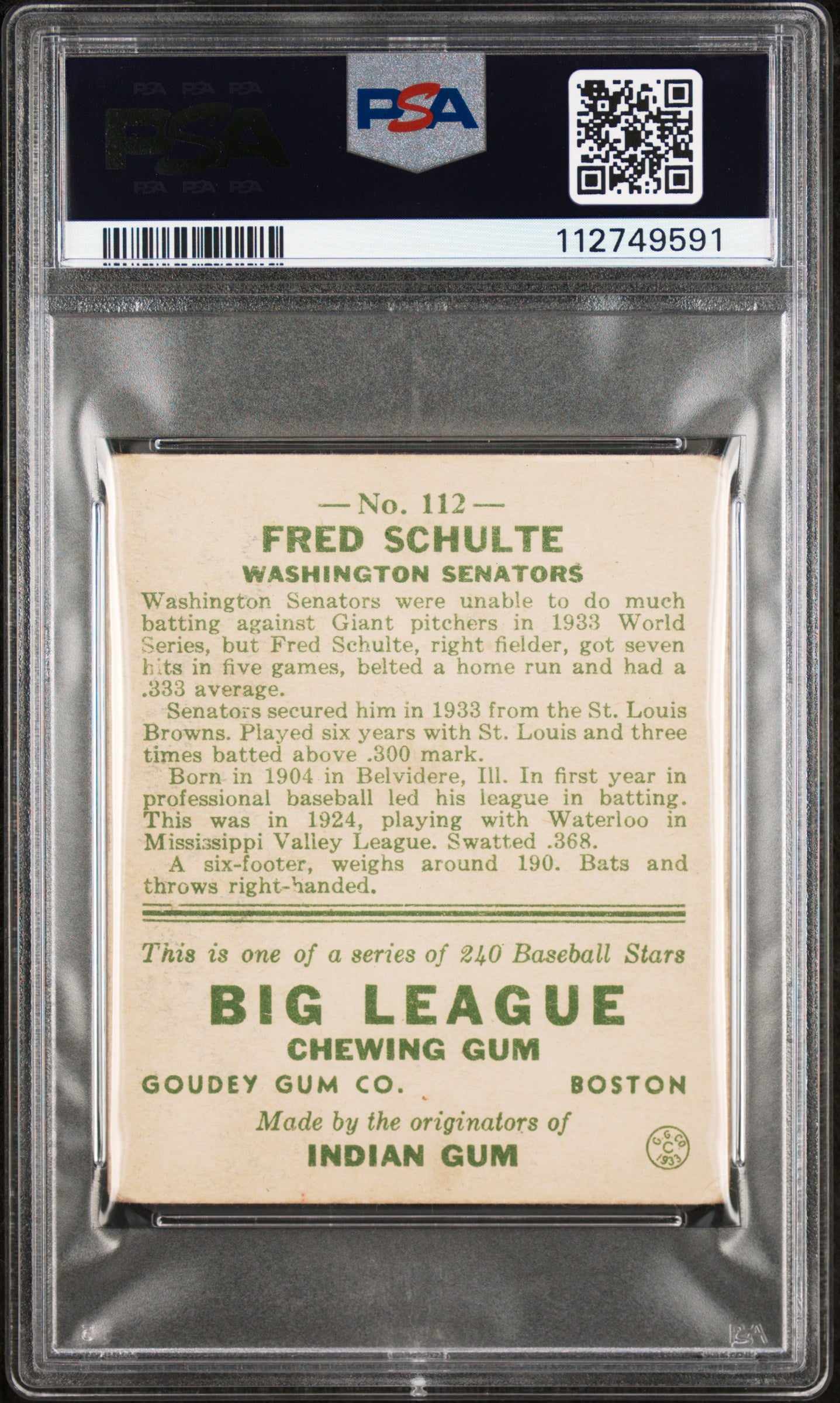 1933 Goudey Fred Schulte #112 PSA 2