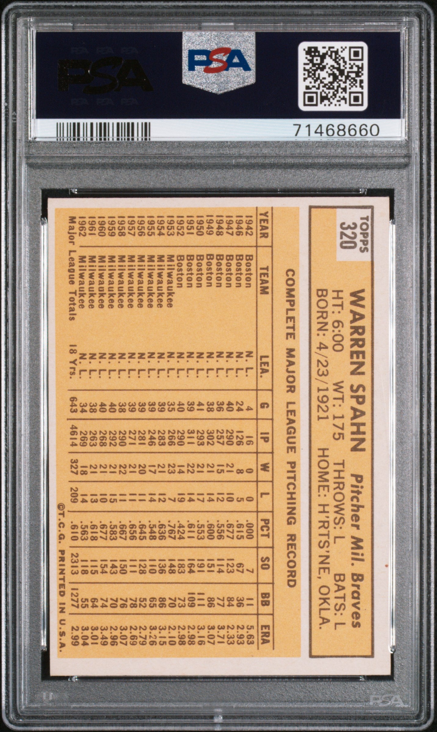 1963 Topps Warren Spahn #320 PSA 8