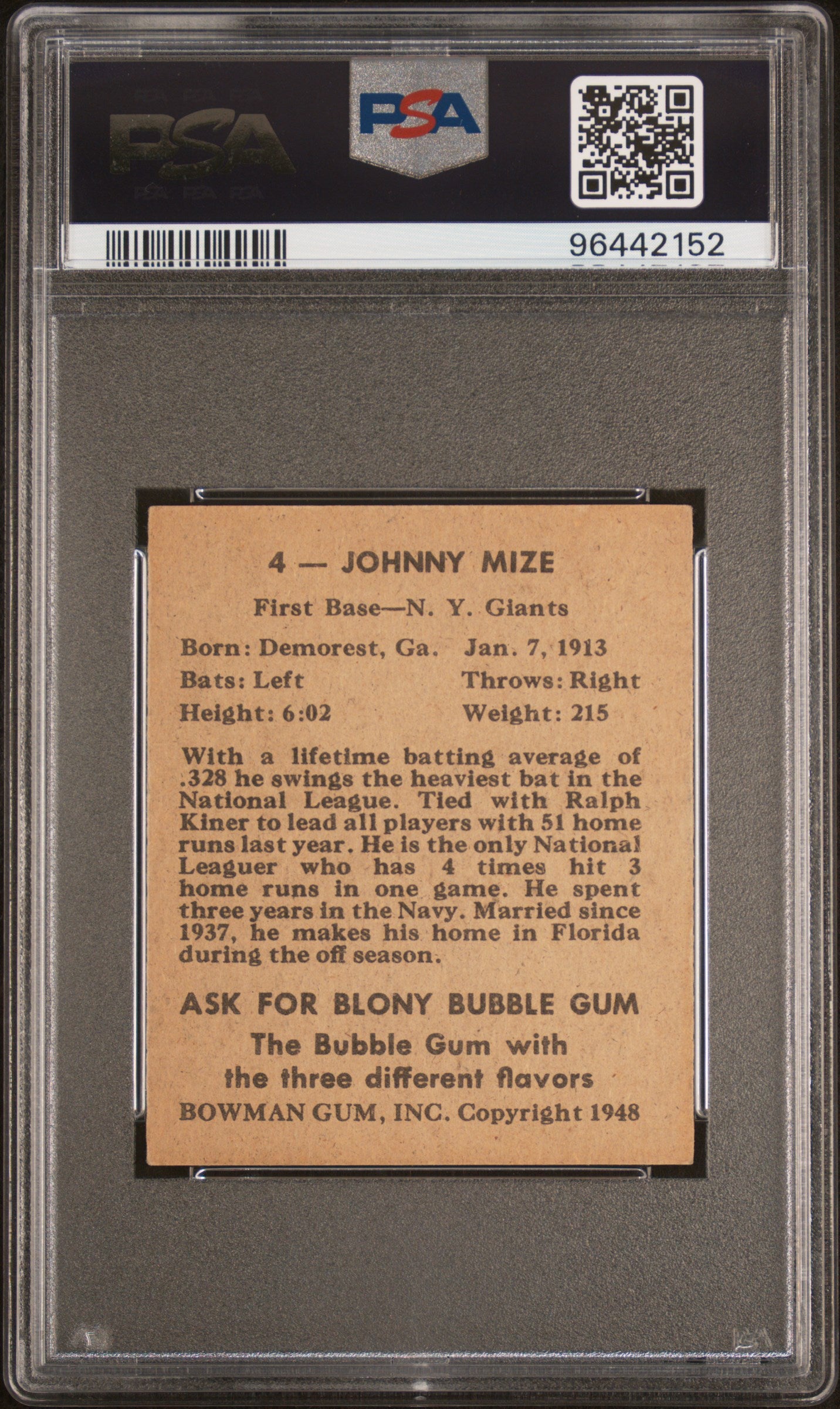 1948 Bowman Johnny Mize #4 PSA 4 Auto 10