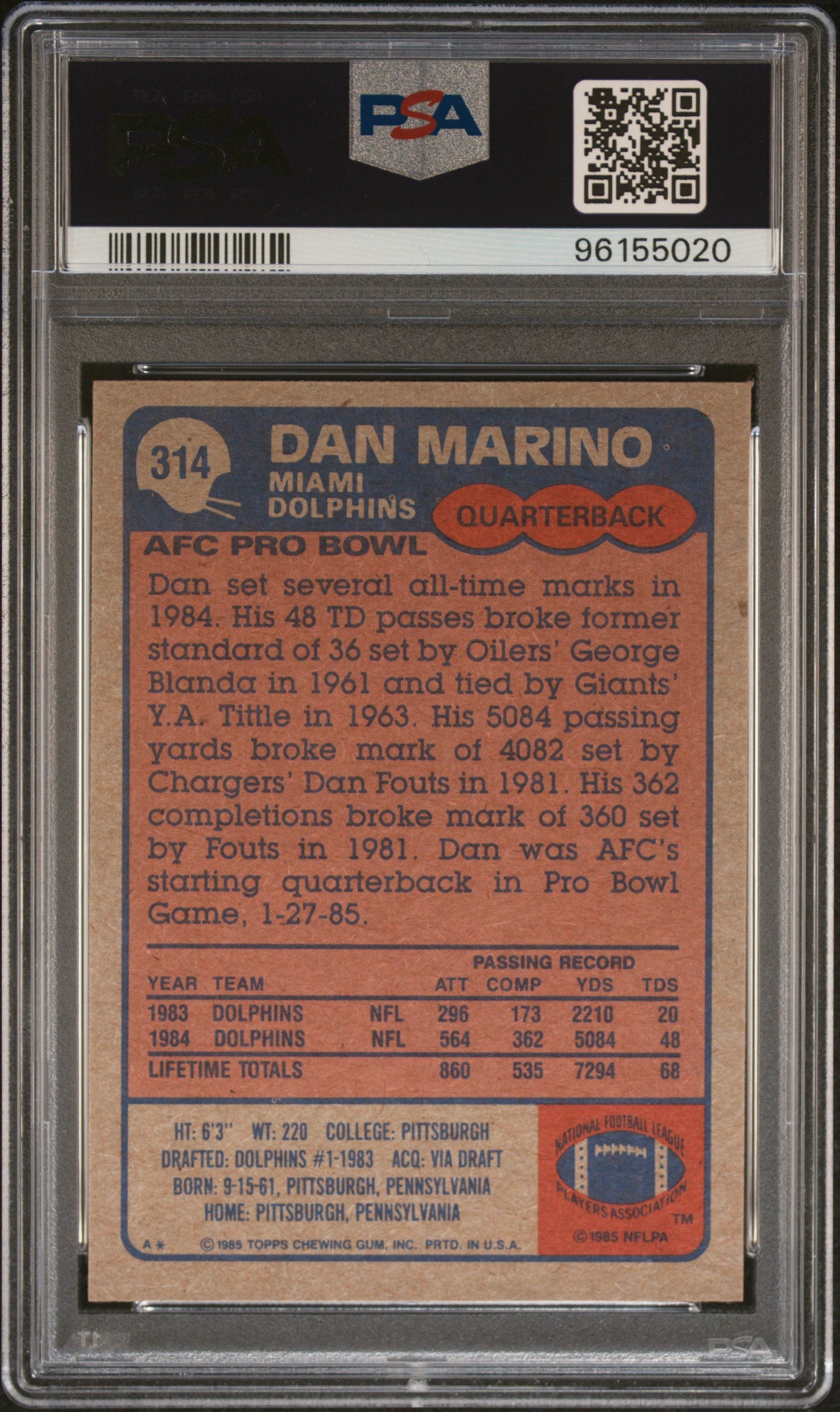 1985 Topps Dan Marino #314 All Pro PSA 8.5