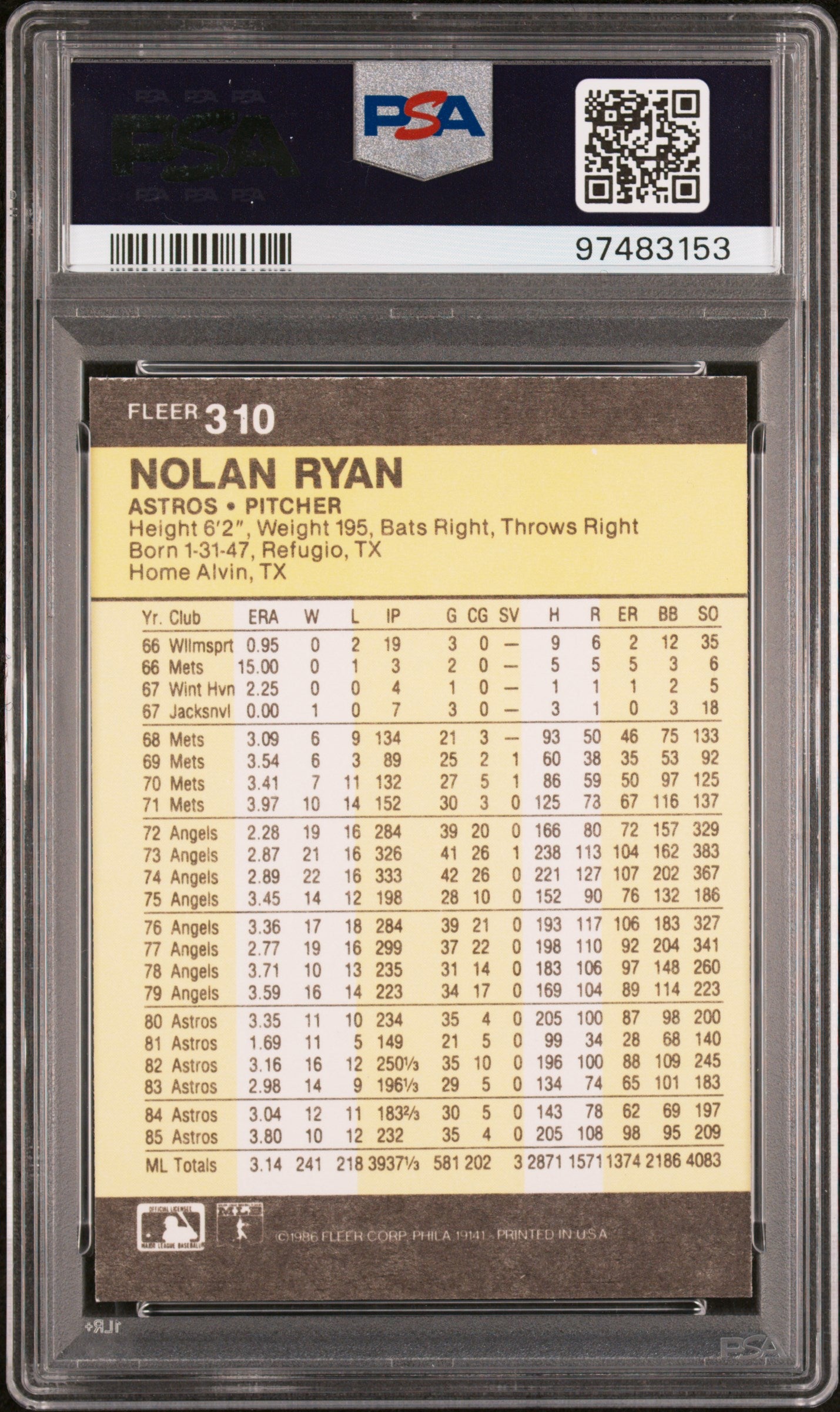 1986 Fleer Nolan Ryan #310 PSA 9