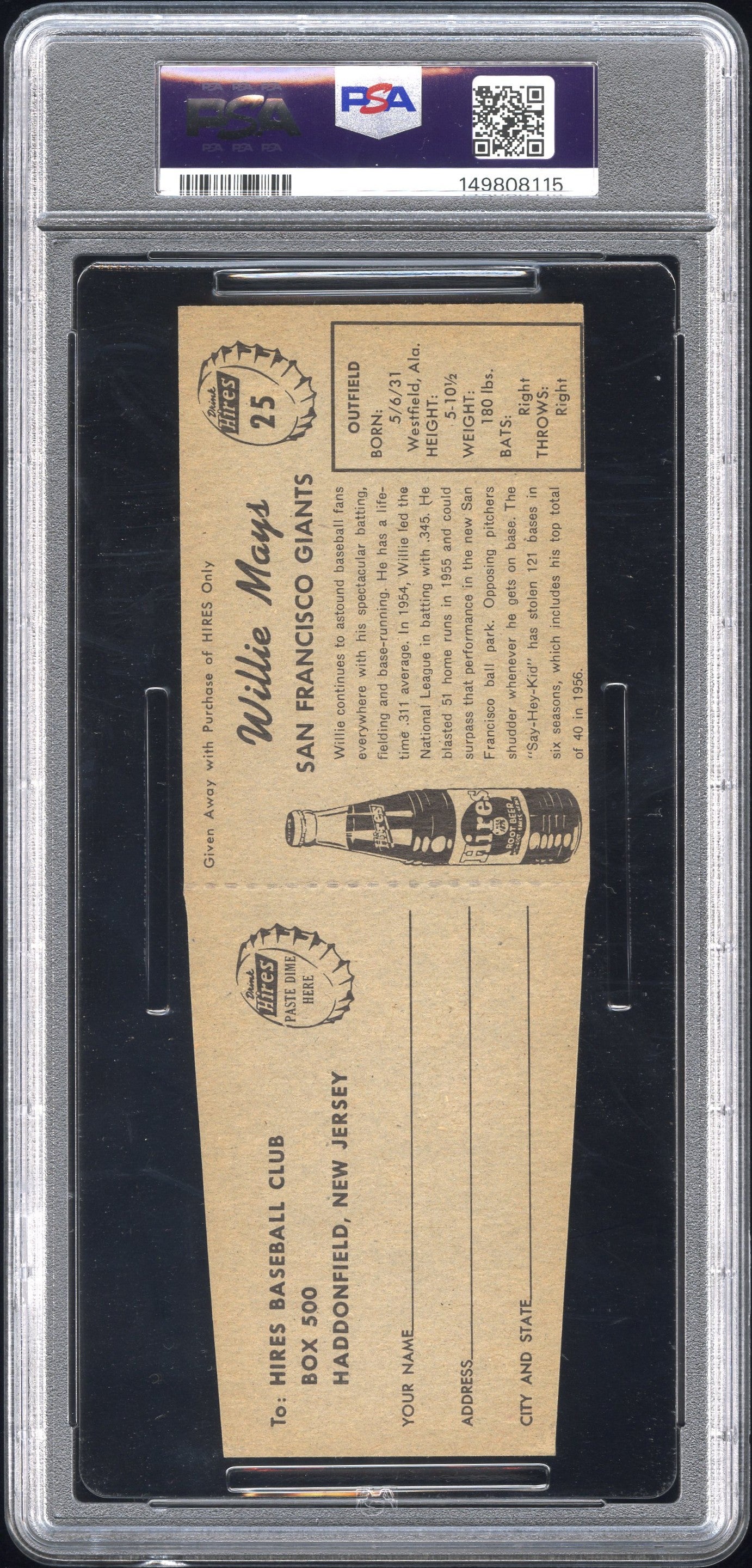 1958 Hires Root Beer Willie Mays #25 With Tab PSA 7