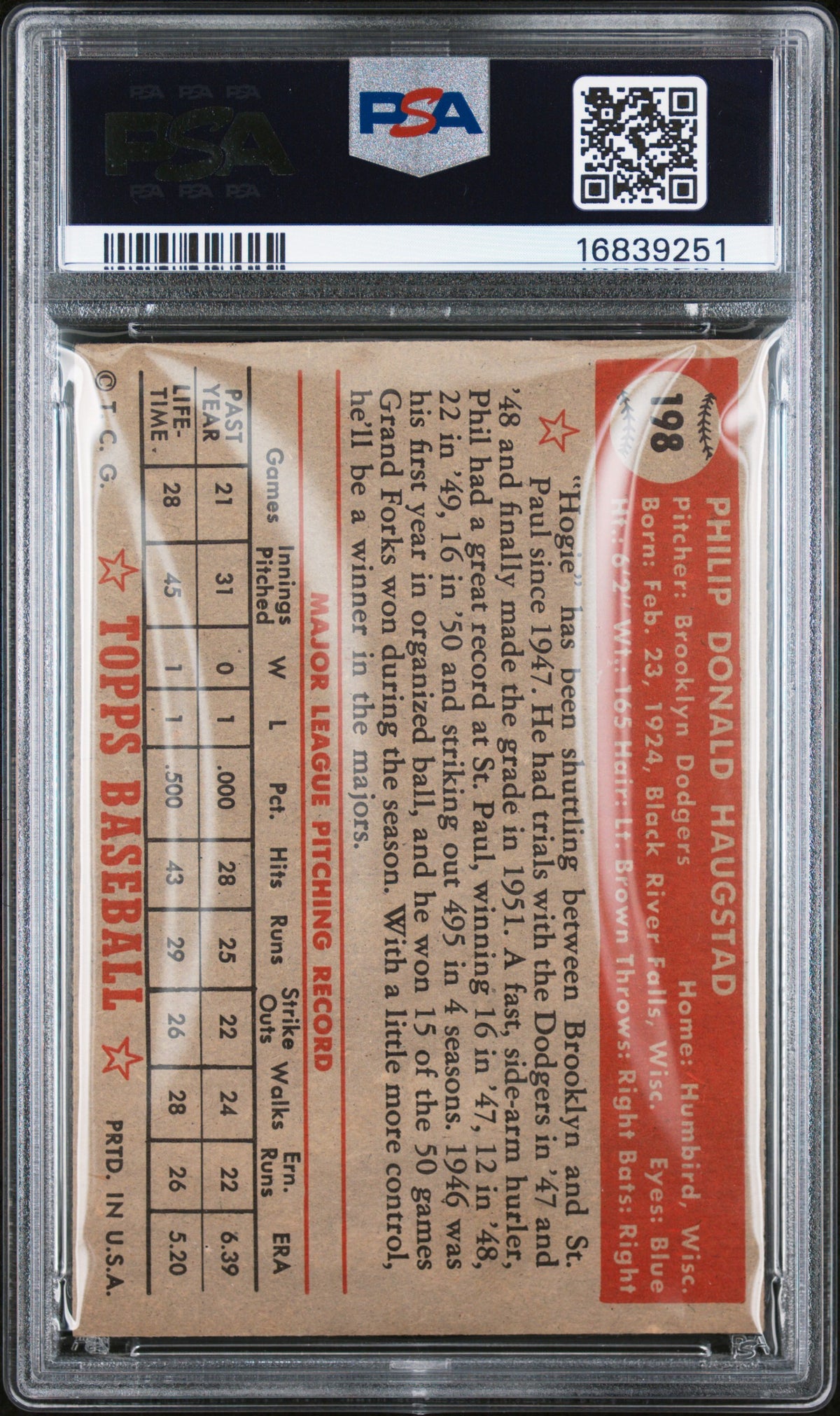 1952 Topps Phil Haugstad #198 PSA 7