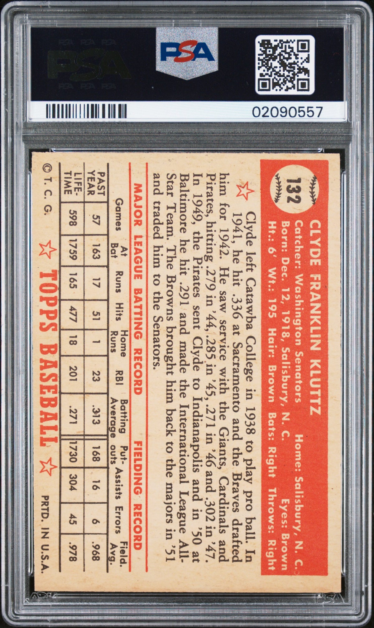 1952 Topps Clyde Kluttz #132 PSA 7