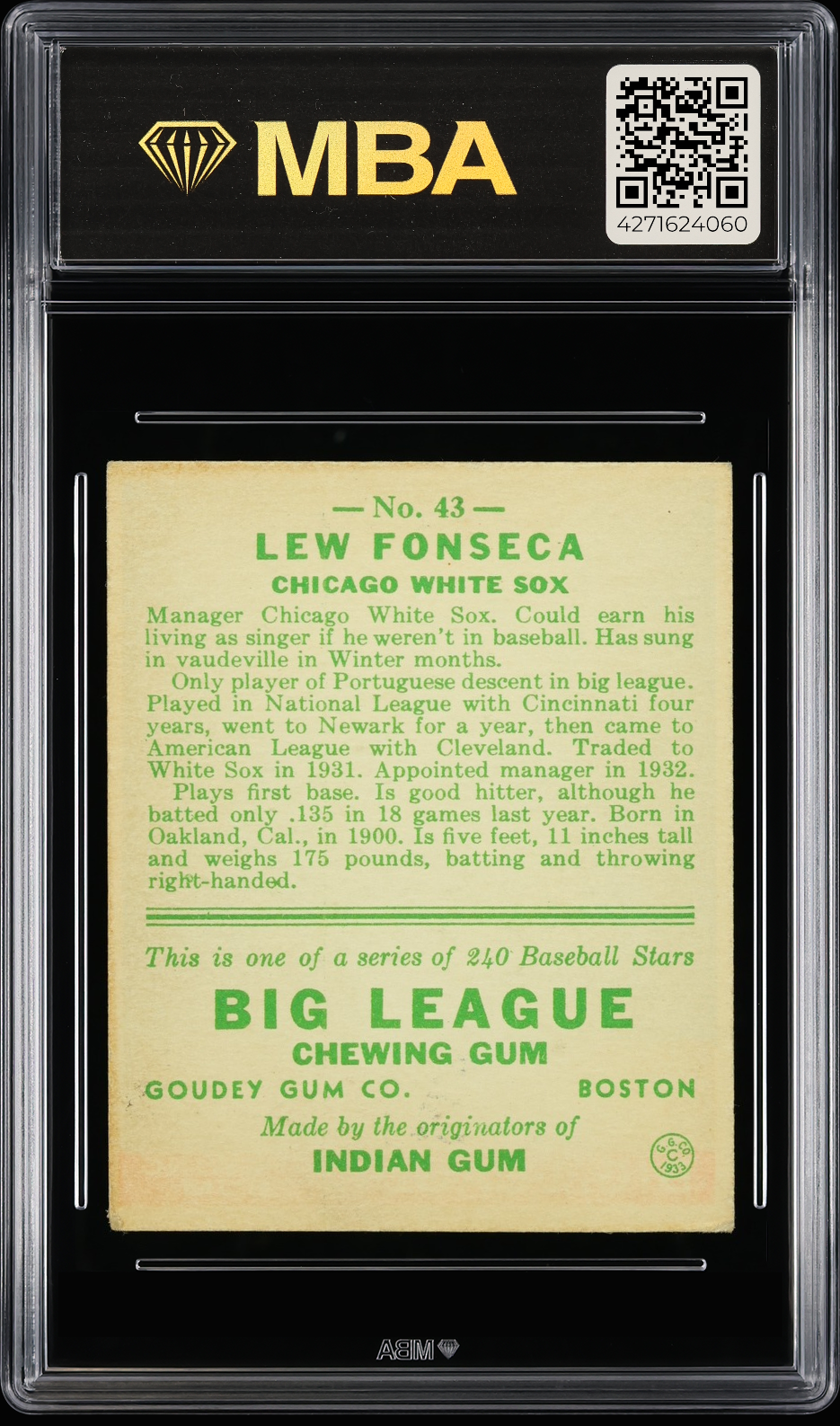 1933 Goudey Lew Fonseca #43 MBA 3