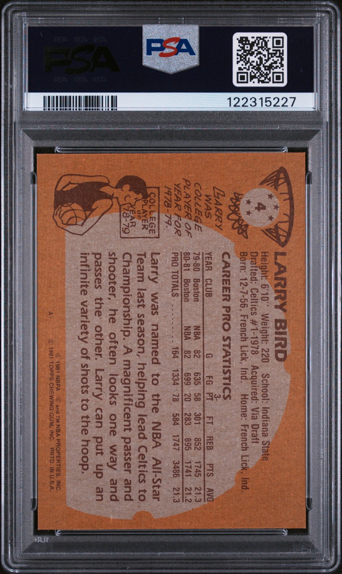 1981 Topps Larry Bird #4 PSA 8