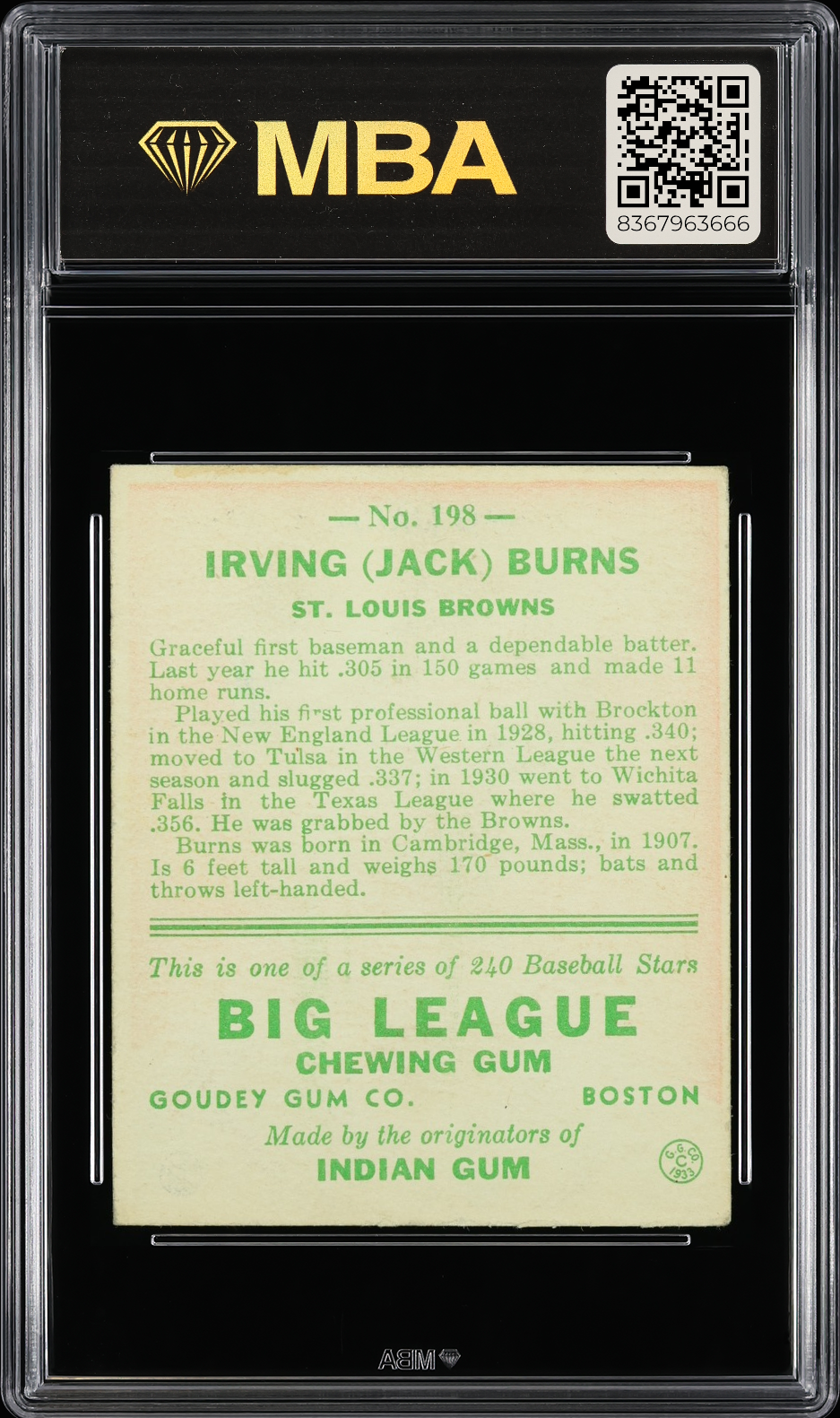 1933 Goudey Irving (Jack) Burns #198 MBA 4
