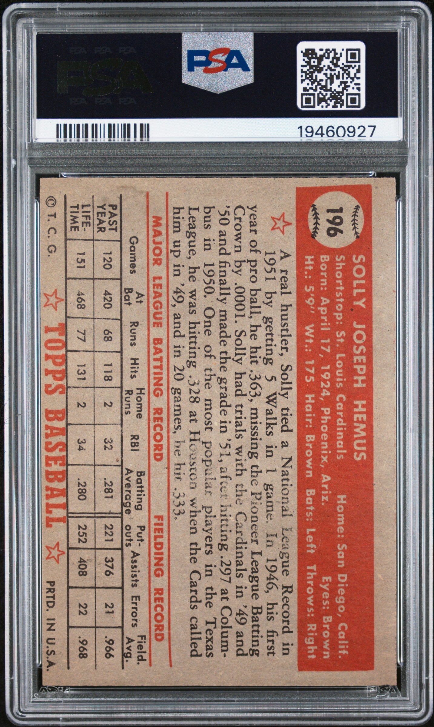 1952 Topps Solly Hemus #196 PSA 7