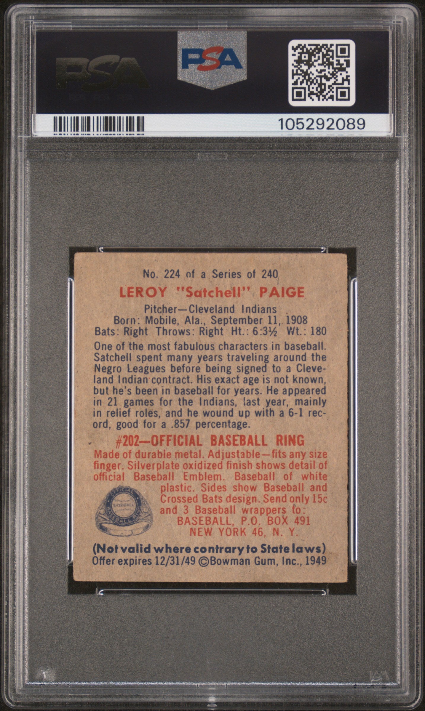 1949 Bowman Satchell Paige #224 PSA 4