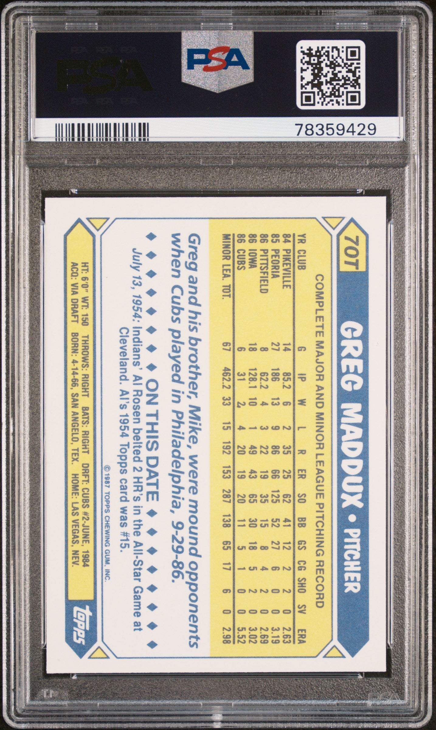 1987 Topps Traded Tiffany Greg Maddux #70T PSA 9