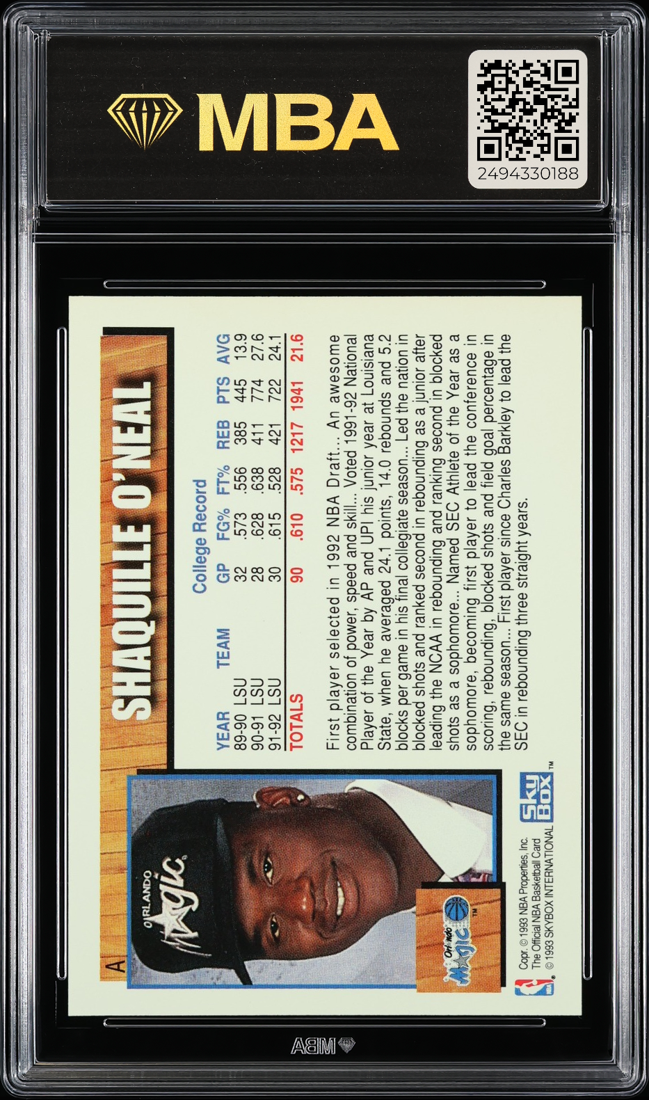 1992 Hoops Draft Redemption Shaquille O'Neal #A MBA 9.5