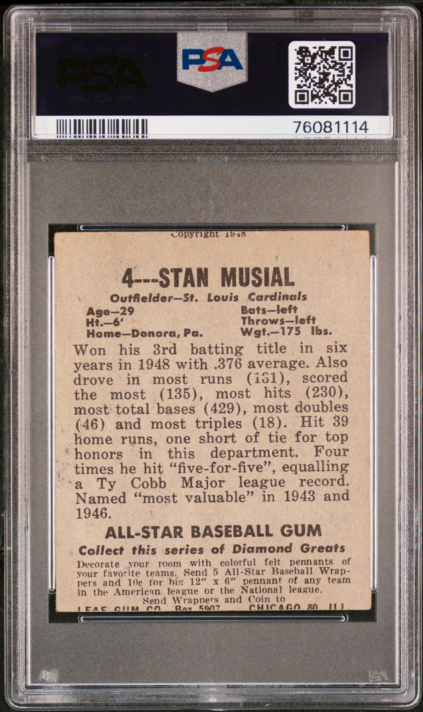 1948 Leaf Stan Musial #4 PSA 3 MC