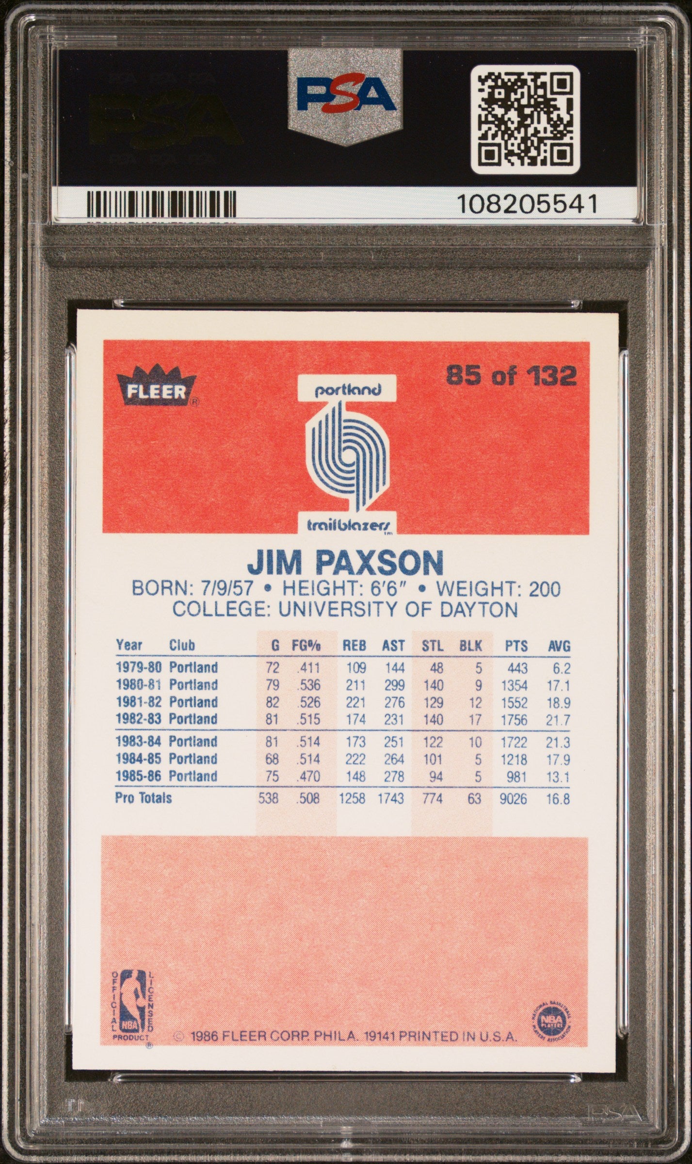 1986 Fleer Jim Paxson #85 PSA 9