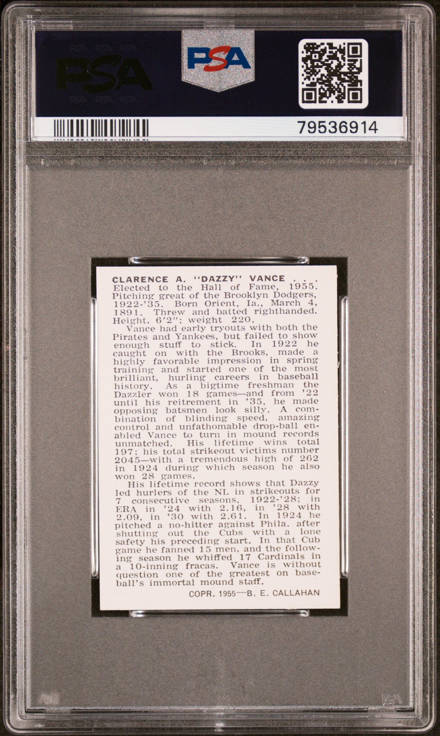 1950 Callahan Hall Of Fame Dazzy Vance PSA 9