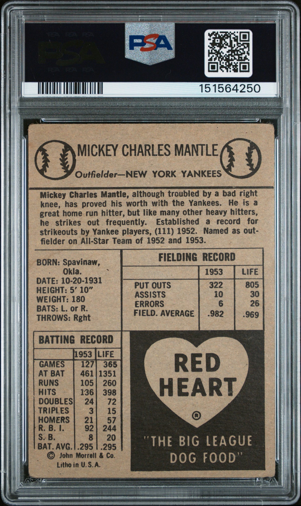 1954 Red Heart Mickey Mantle PSA 1.5