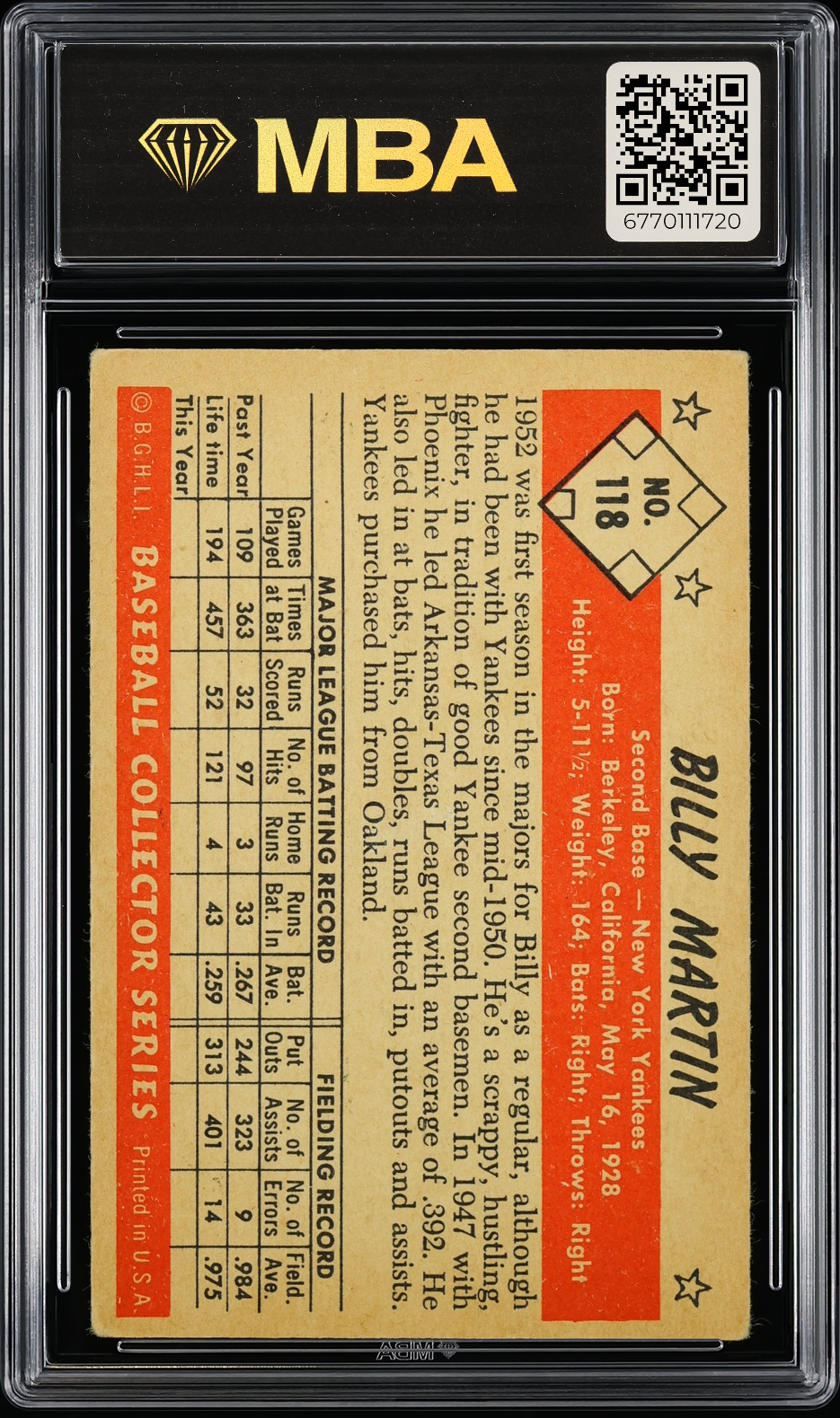 1953 Bowman Color Billy Martin #118 MBA 3
