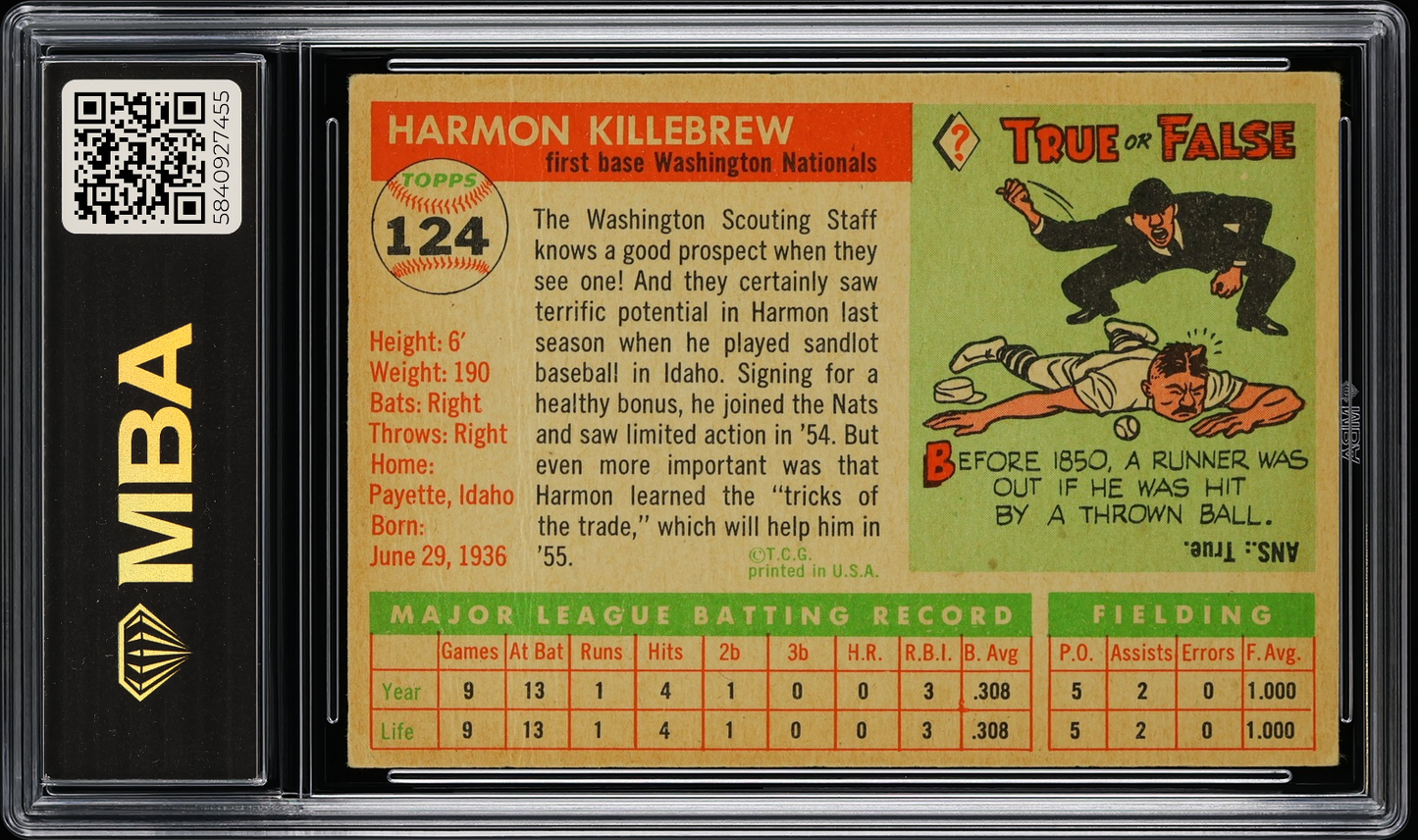 1955 Topps Harmon Killebrew #124 MBA 1.5 RC