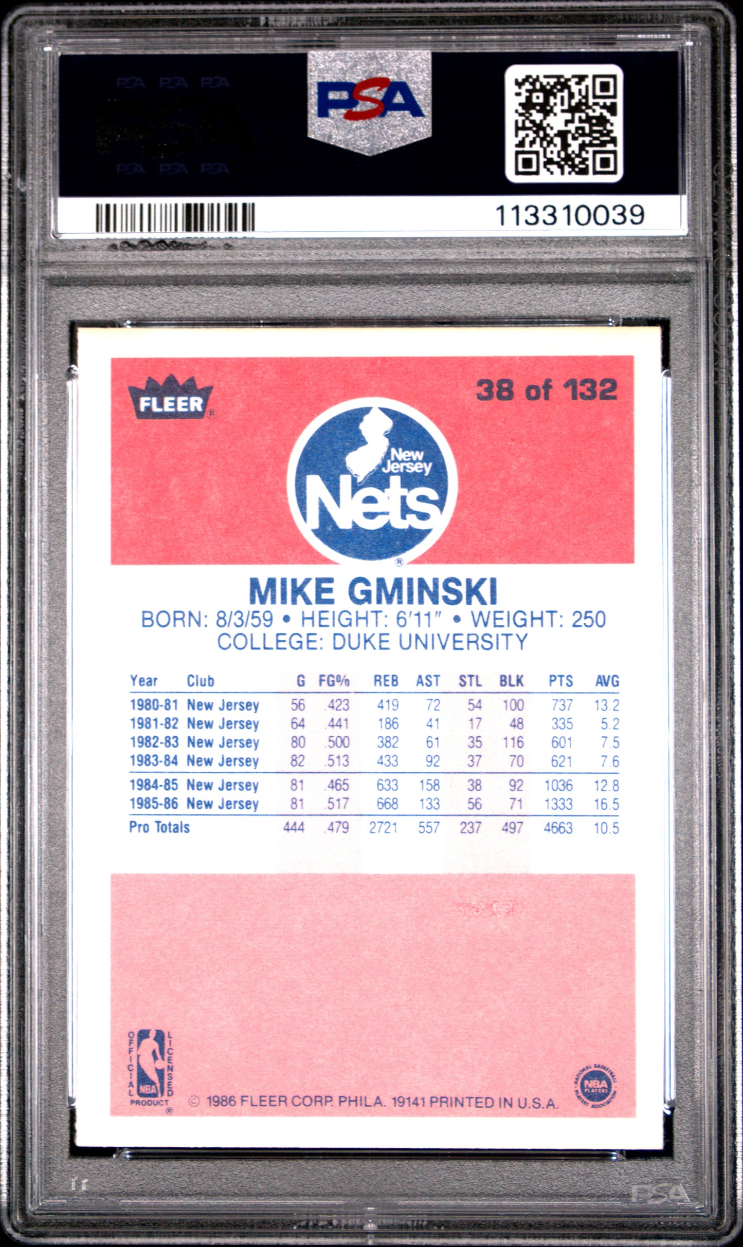 1986 Fleer Mike Gminski #38 PSA 9