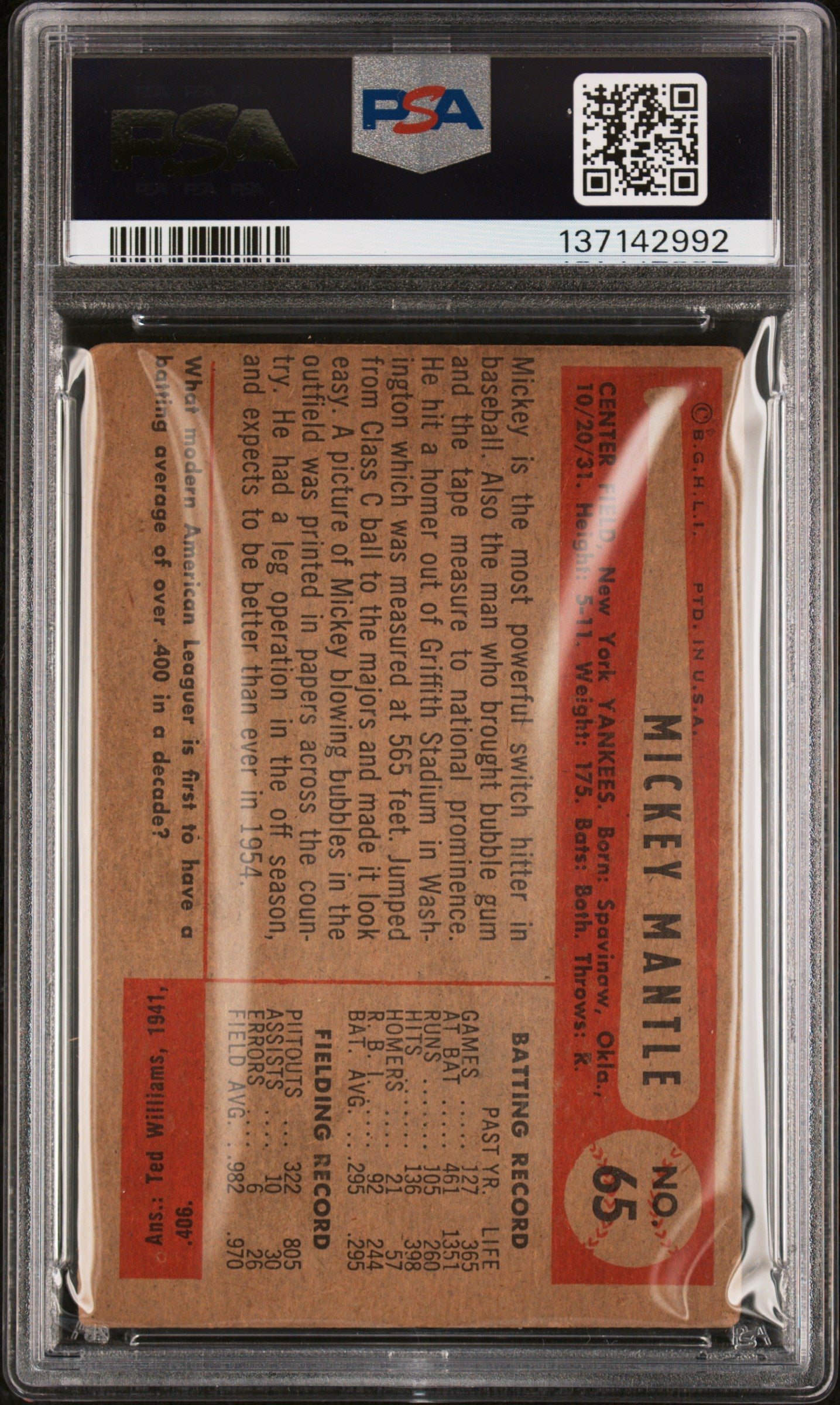 1954 Bowman Mickey Mantle #65 PSA 2 MK