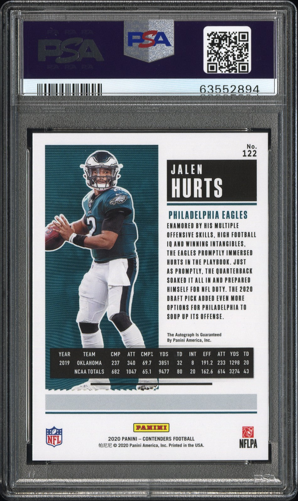 2020 Panini Contenders Jalen Hurts #122 Autograph PSA 10 Auto 10