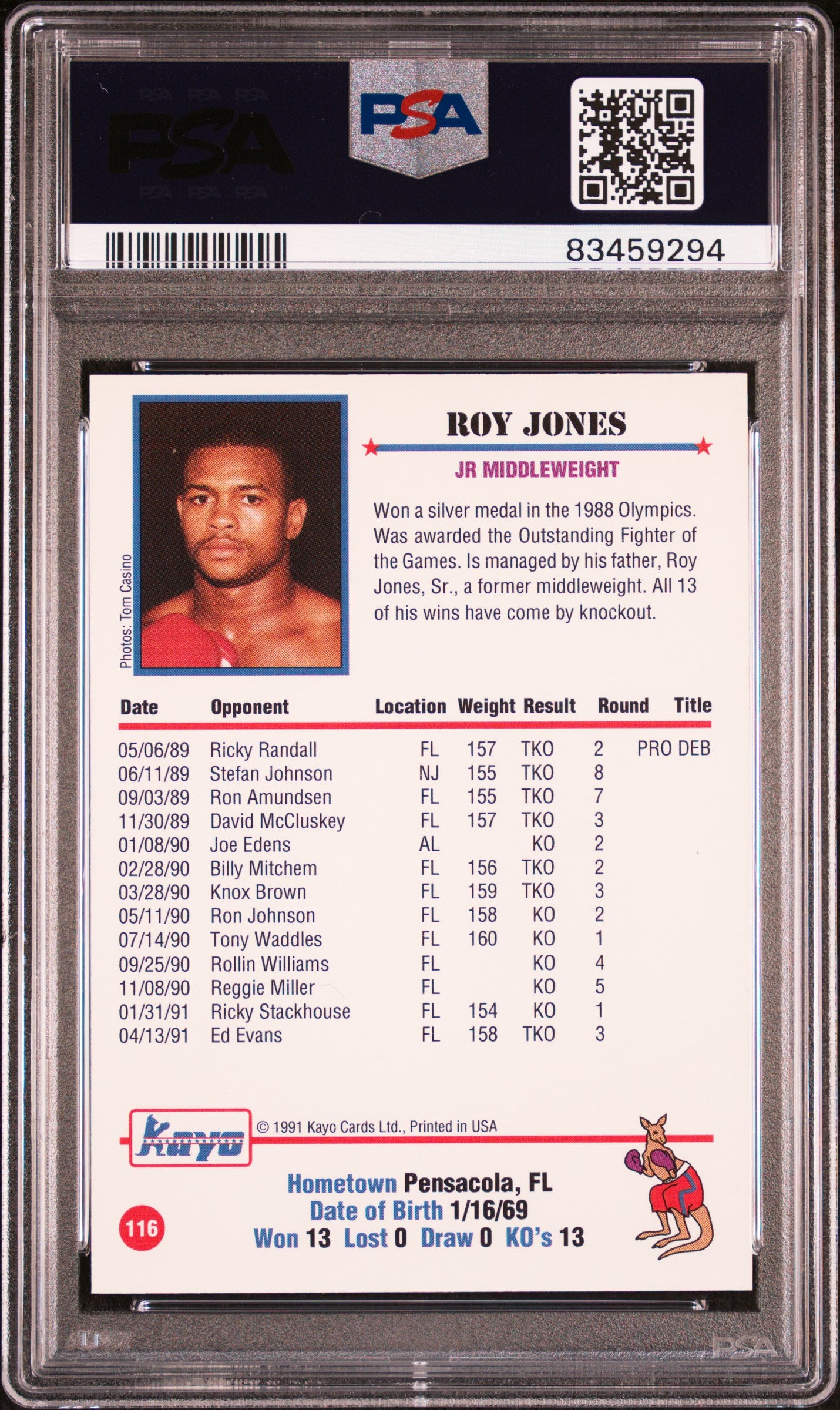 1991 Kayo Roy Jones #116 PSA 7 Auto 10
