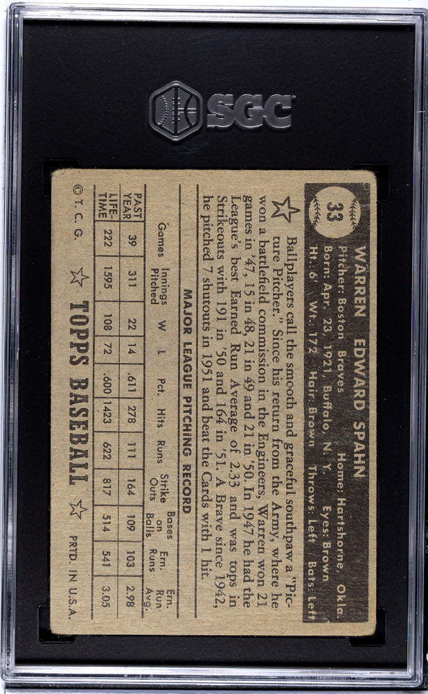 1952 Topps Warren Spahn #33 Black Back SGC 2.5