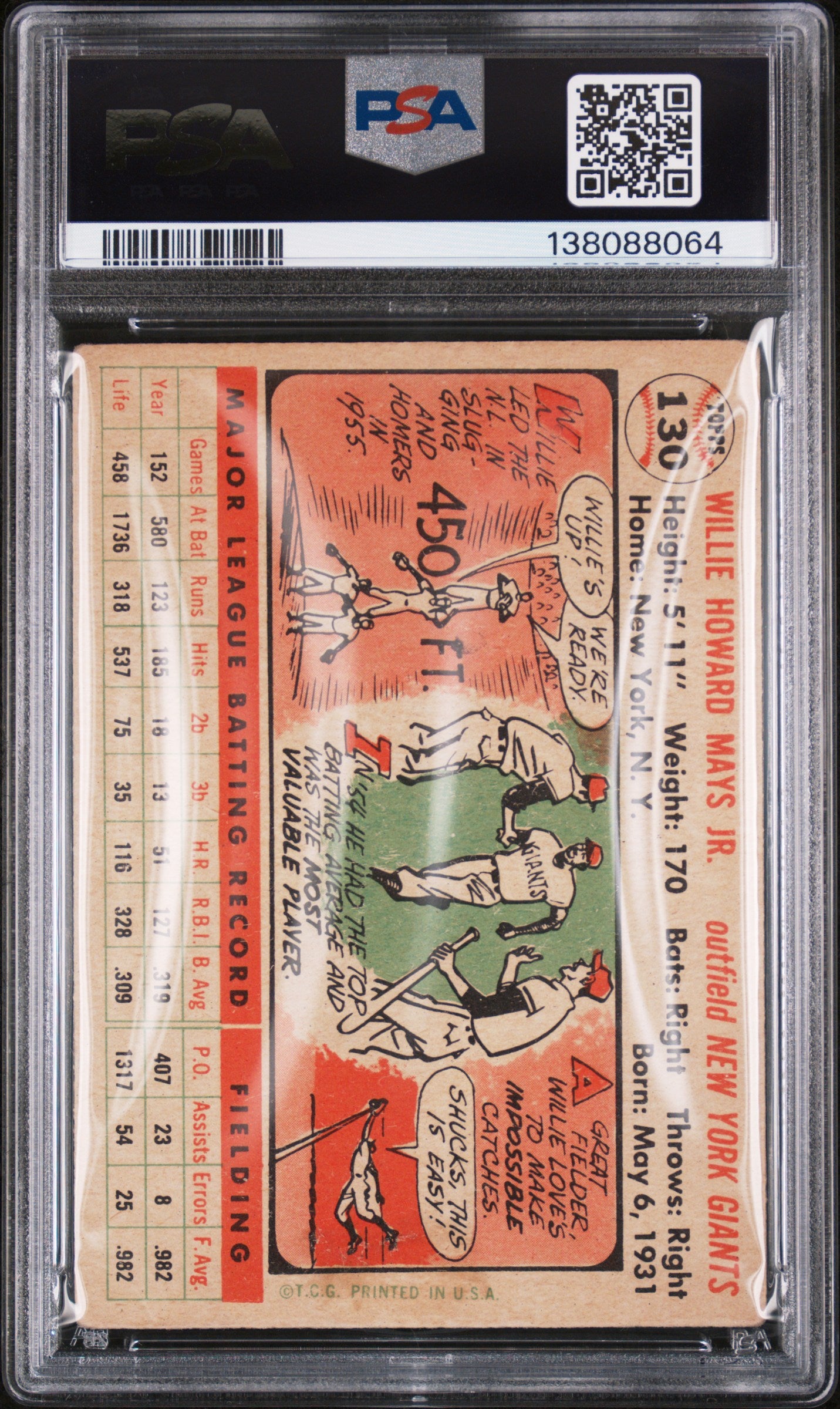 1956 Topps Willie Mays #130 White Back PSA 2