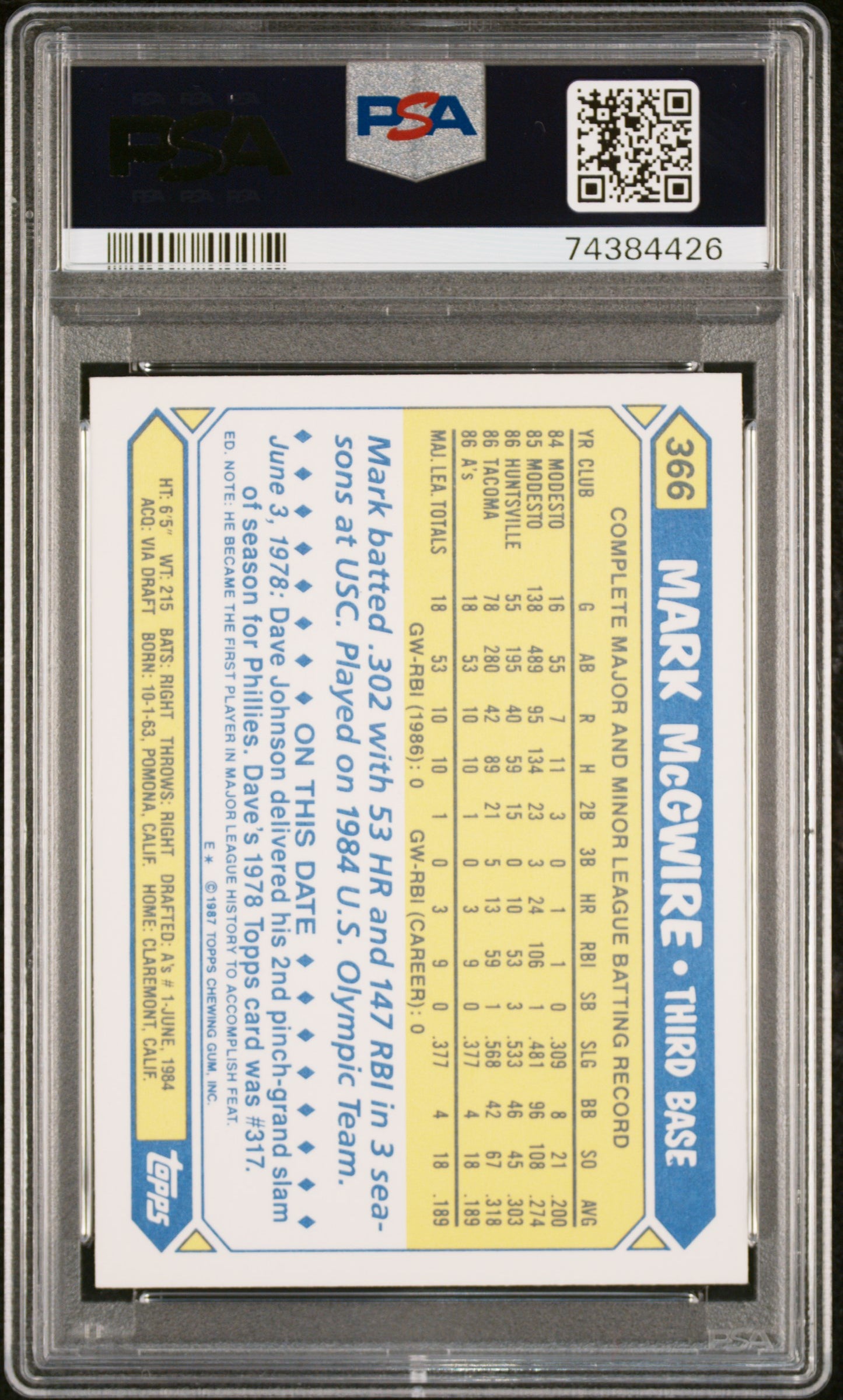1987 Topps Tiffany Mark Mcgwire #366 PSA 10 Auto 10