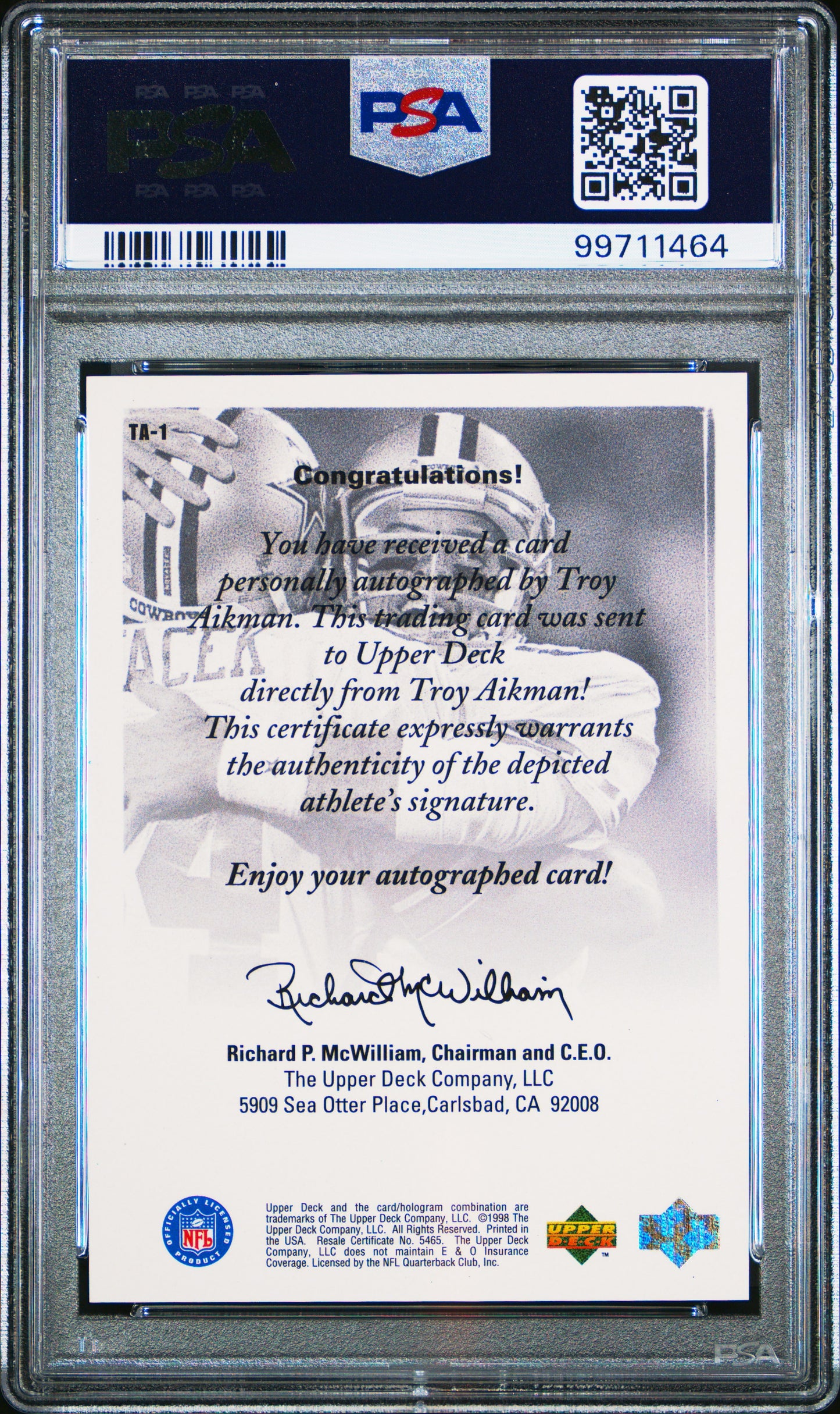 1998 SPX Finite UD Authentics Troy Aikman #TA-1 PSA 10