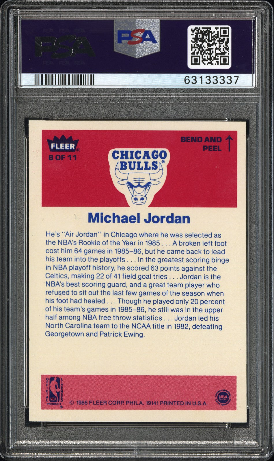 1986 Fleer Sticker Michael Jordan #8 PSA 9