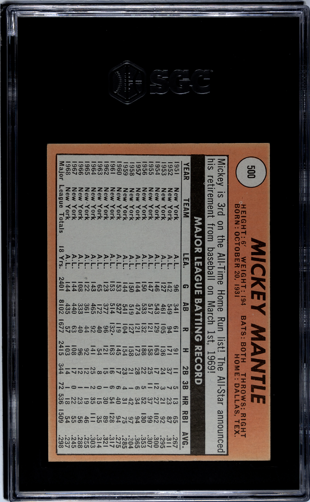 1969 Topps Mickey Mantle #500 White Letters SGC 6