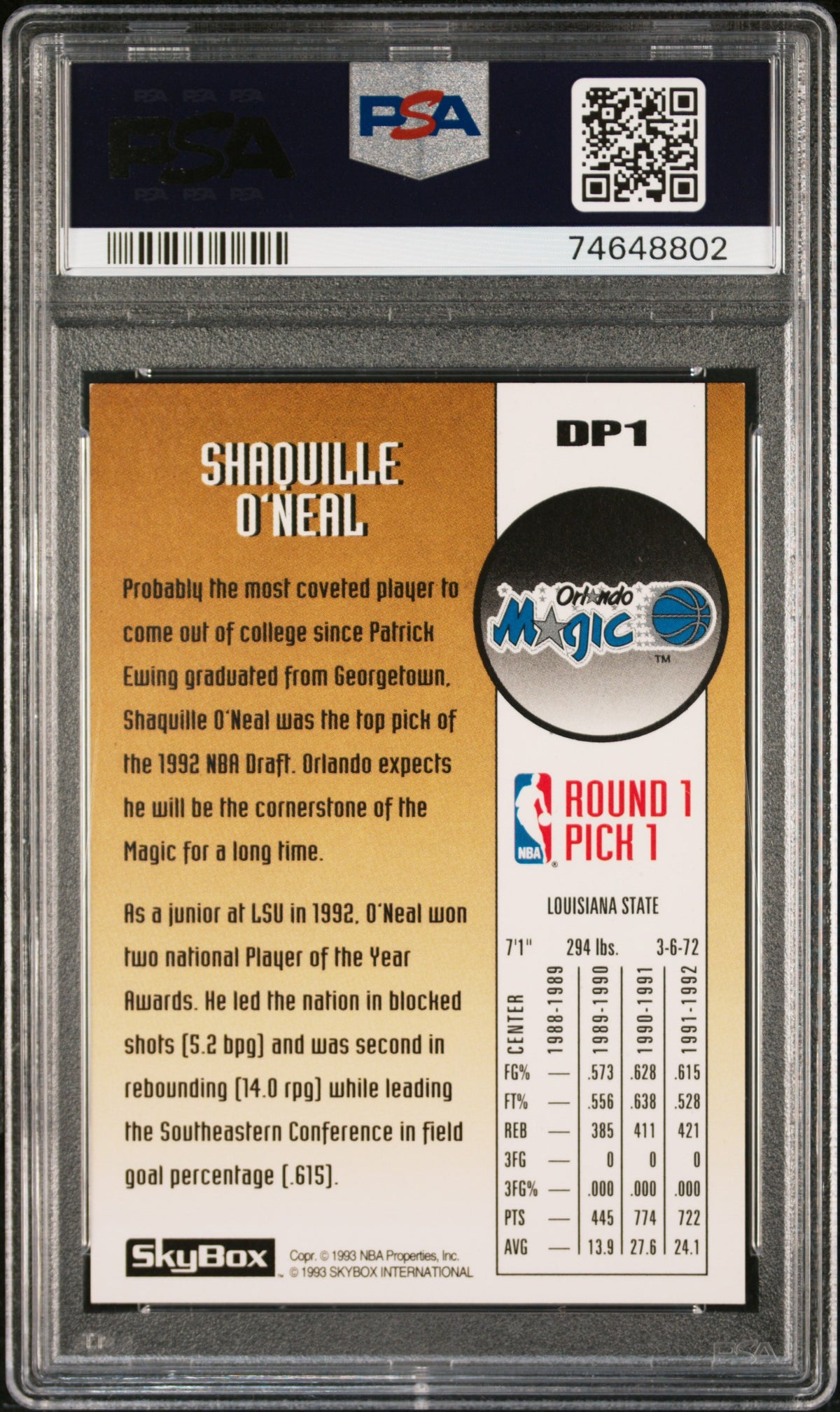 1992 Skybox Draft Picks Shaquille O'Neal #DP1 PSA 8