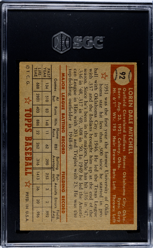 1952 Topps Dale Mitchell #92 SGC 4.5